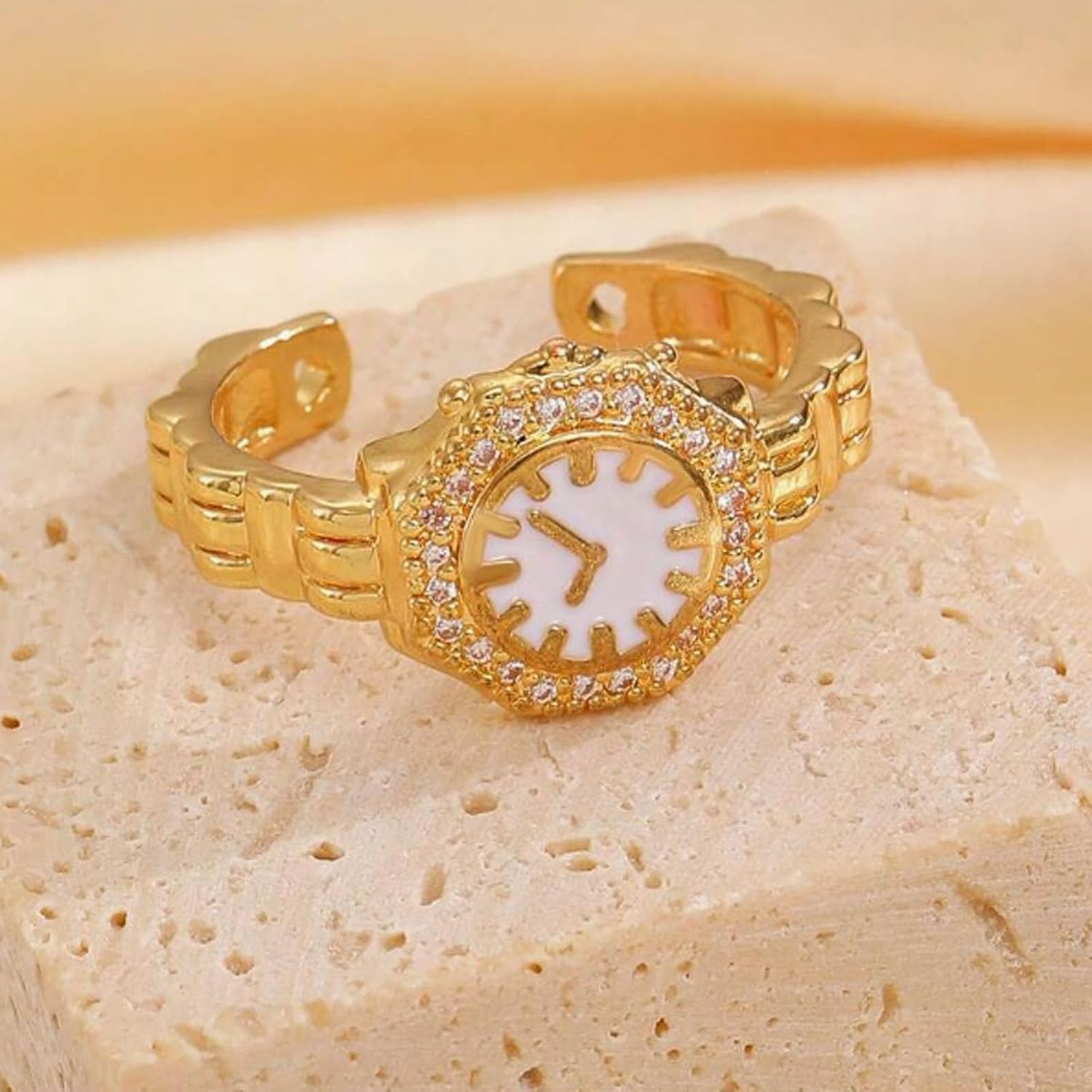 Gold Watch Ring Jewelry for Women, Resembling Luxury Diamond Watch Rhinestone Bezel Finger Accessory, Non Functional Decorative Mini Ring Aesthetic