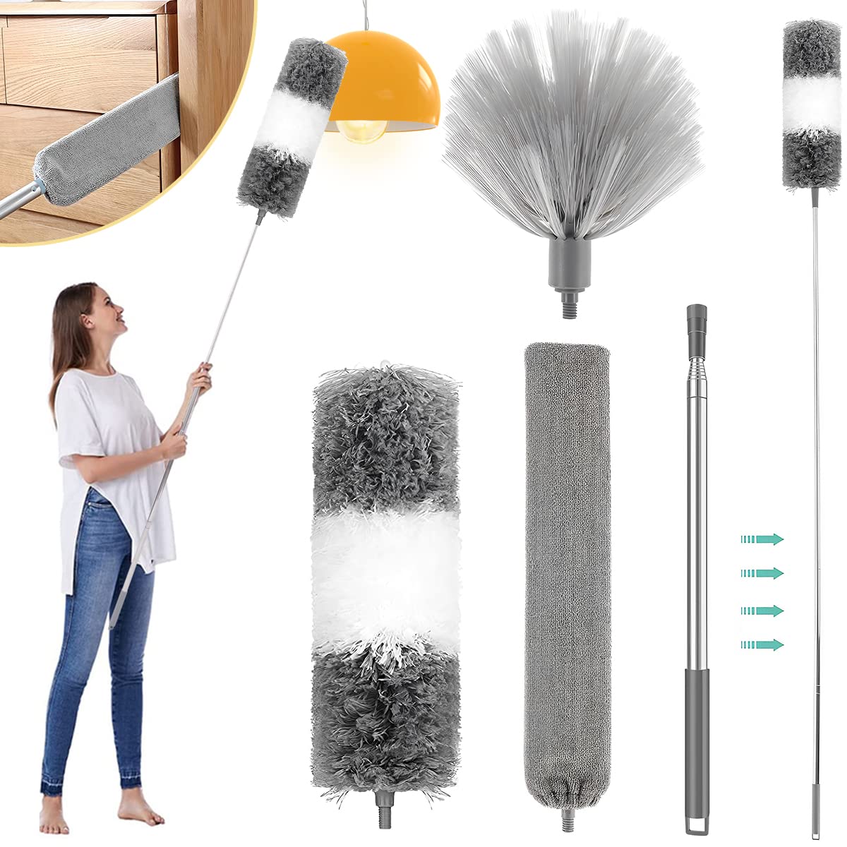 SYKUIHSG 4Pcs Feather Duster Extendable, 16-98 Inch Microfiber Feather Duster, Telescopic Duster for High Ceilings, Ceiling Fan, Blinds, Furniture Cleaning