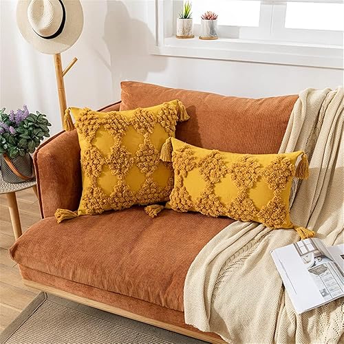 Miniatura 6 de Funda de almohada lumbar tejida con pompones bohemios, funda de almohada lumbar de color sólido cúrcuma para decoración del hogar, sofá, cama, sala