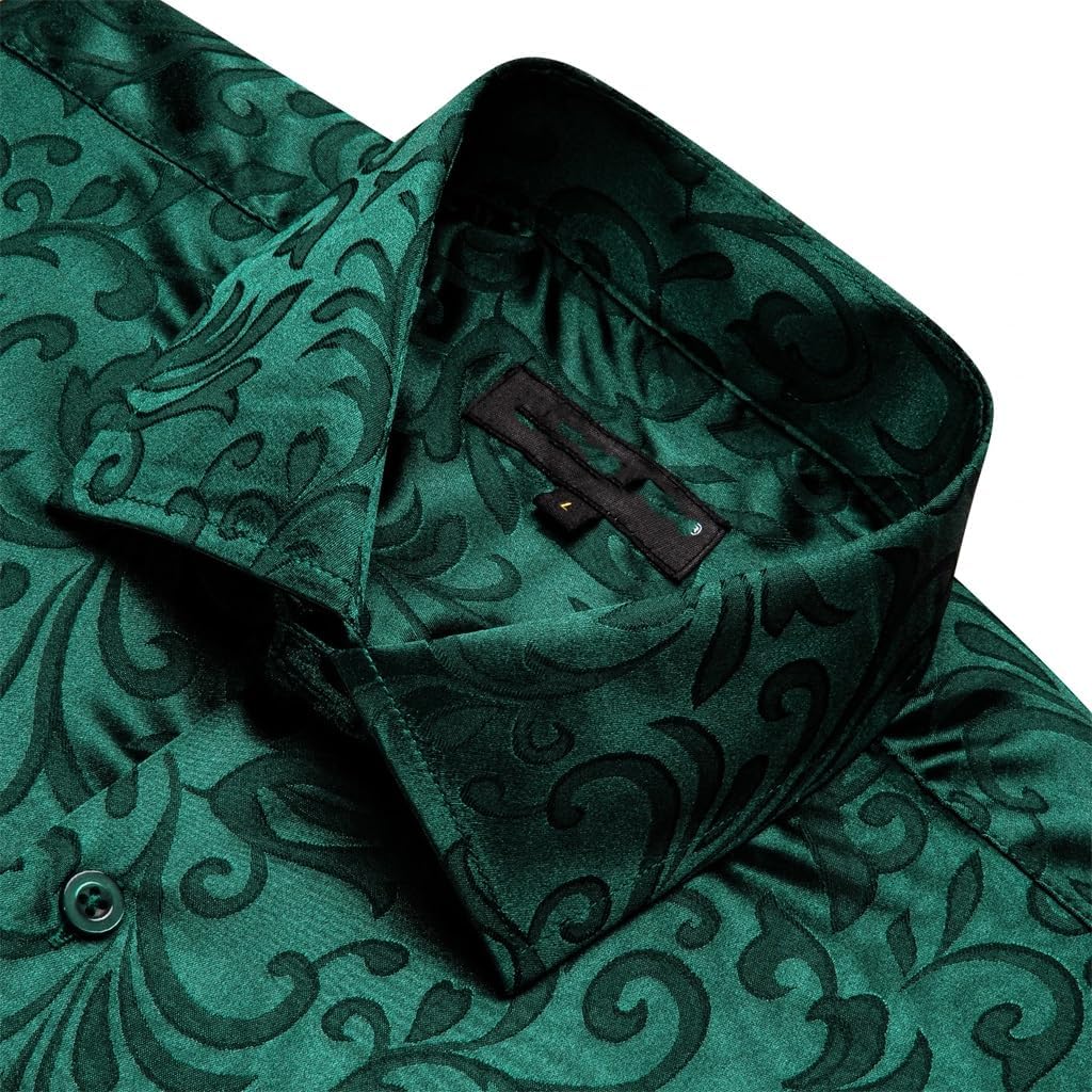 Formal Men Silk Long Sleeve Dark Green Flower Slim Fit Male Blouese Casual Tops