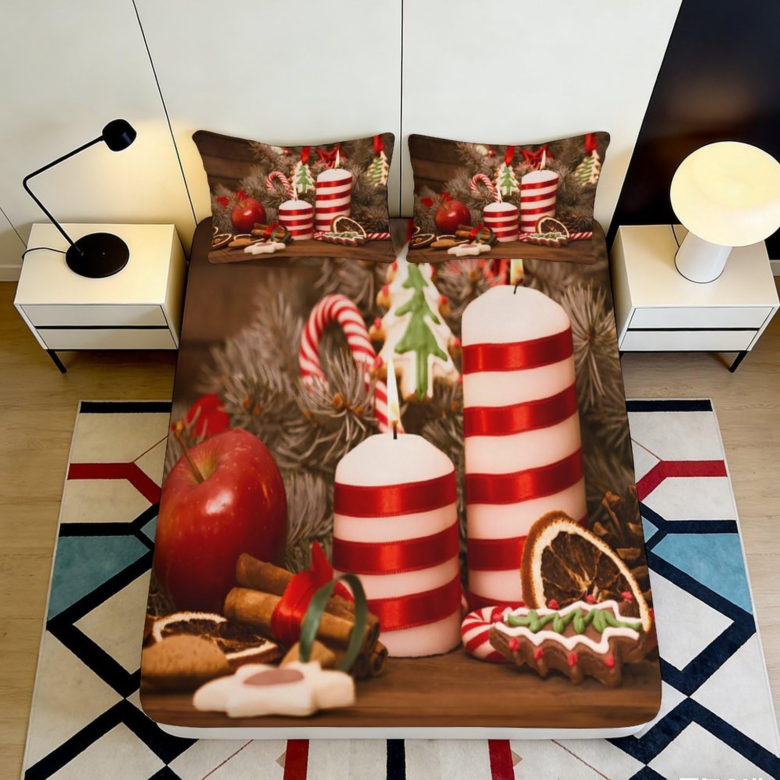 3D Printed Festive Candy Cane Fitted Sheet Microfiber Christmas Gingerbread Bed Cover for Bedroom Guest Room Decor 90x200x25cm