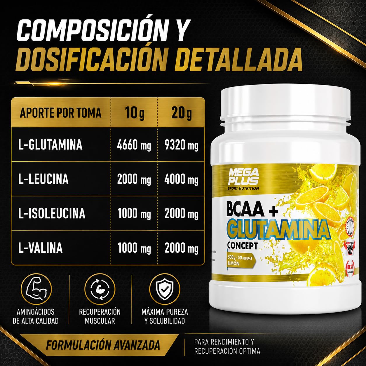 MEGAPLUS BCAA+GLUTAMINA CONCEPT limon 500gr. – soin conçu pour une utilisation régulière, convient à ceux qui recherchent un produit fiable au quotidien, poids 500 g et devient un allié fiable dans la