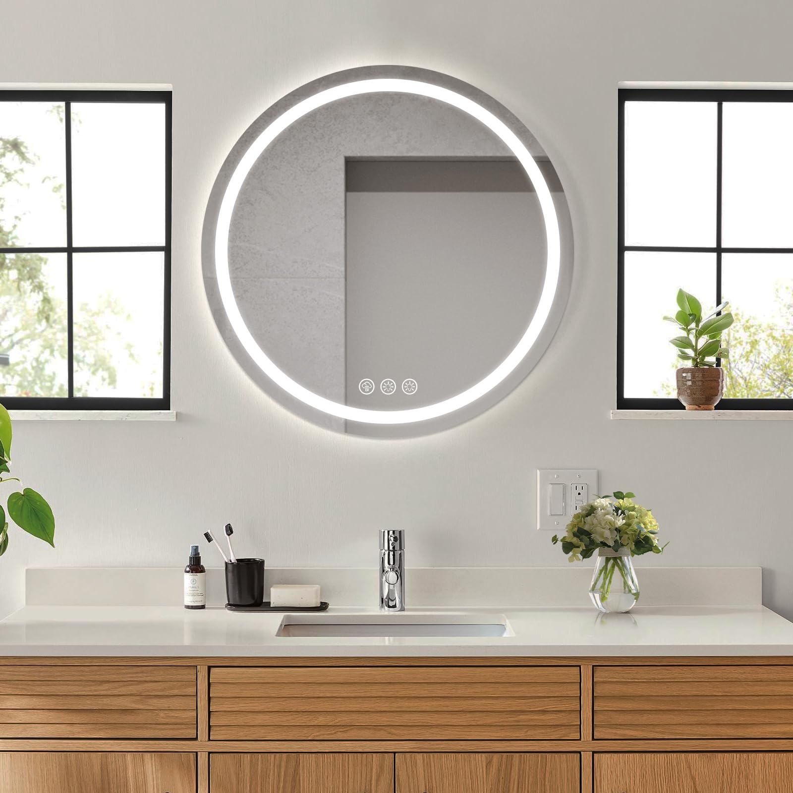 Simusi 500MM Round LED Bathroom Mirror with LightsβIlluminated Bathroom Vanity Mirror with LED Lights, Anti-Fog Wall-Mounted Light up for Makeup, Dimmable 3-Color Lighting, IP44, Tempered Glass