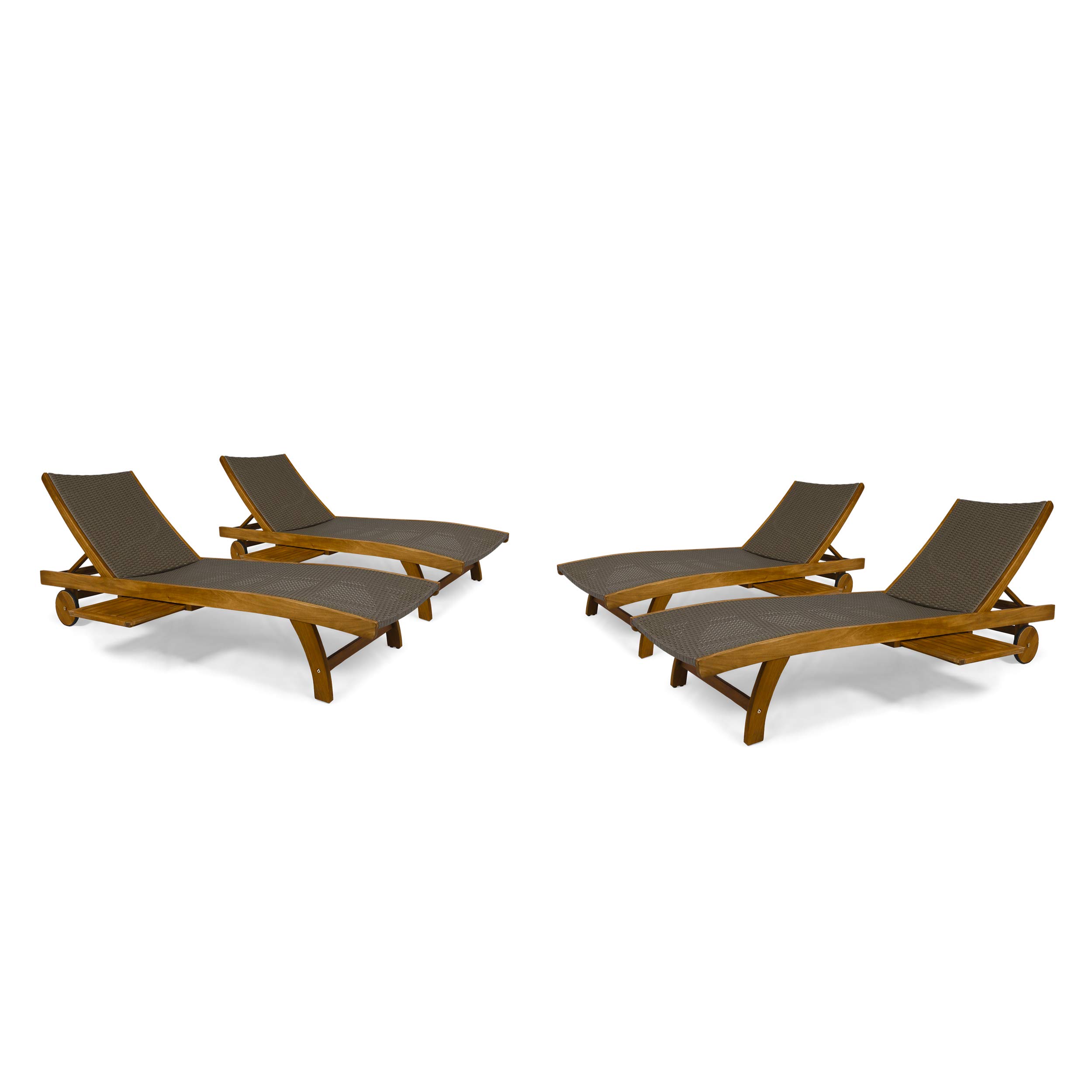 Great Deal Furniture Outdoor Wicker and Wood Chaise Lounge with Pull-Out Tray, Set of 4, Brown
