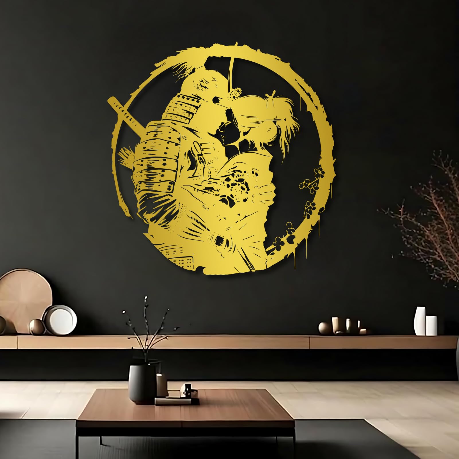 Arte de Pared de Metal Negro con Figura de Geisha samurái, decoración de Pared Japonesa de Metal, Escultura Moderna de Arte samurái para Sala de Estar, Dormitorio, Pasillo y escaleras (Plate