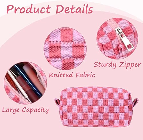 Miniatura 3 de 2 bolsas de maquillaje a cuadros, bolsa de aseo portátil de viaje con cremallera, bolsa de maquillaje, bolsa de almacenamiento de cosméticos para