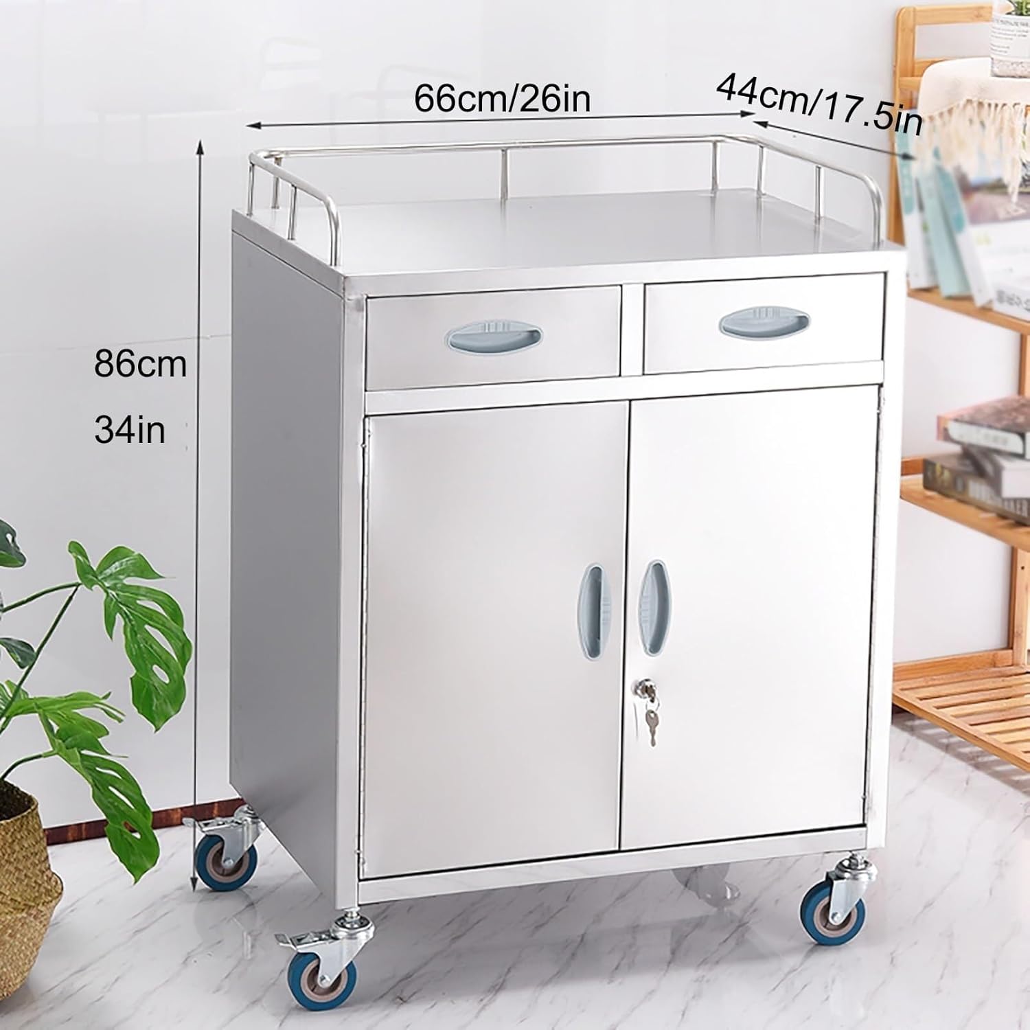 Stainless Steel Worktables Cart with Wheels, Cart 2 Drawers, Serving Trolley Equipment Utility Rolling with 360° Wheels, for Hospitals Clinics