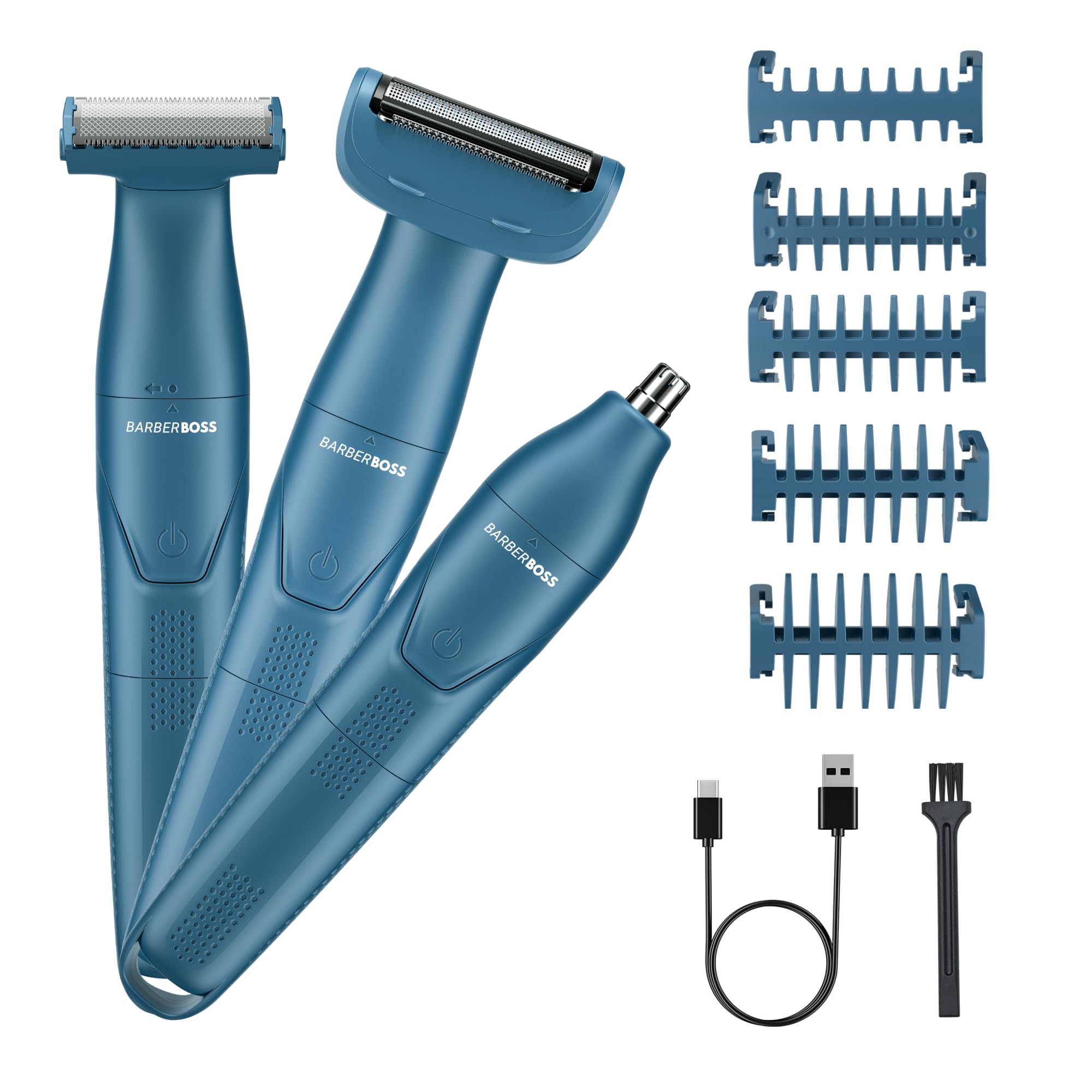 BarberBoss 3-in-1 Men’s Precision Trimmer, Beard and Hair Grooming Kit for Men, Body Groomer, Nose & Ear Trimmer, Rechargeable Cordless Shaver with USB Charging, 3-in-1 Men’s Shaver (Blue)