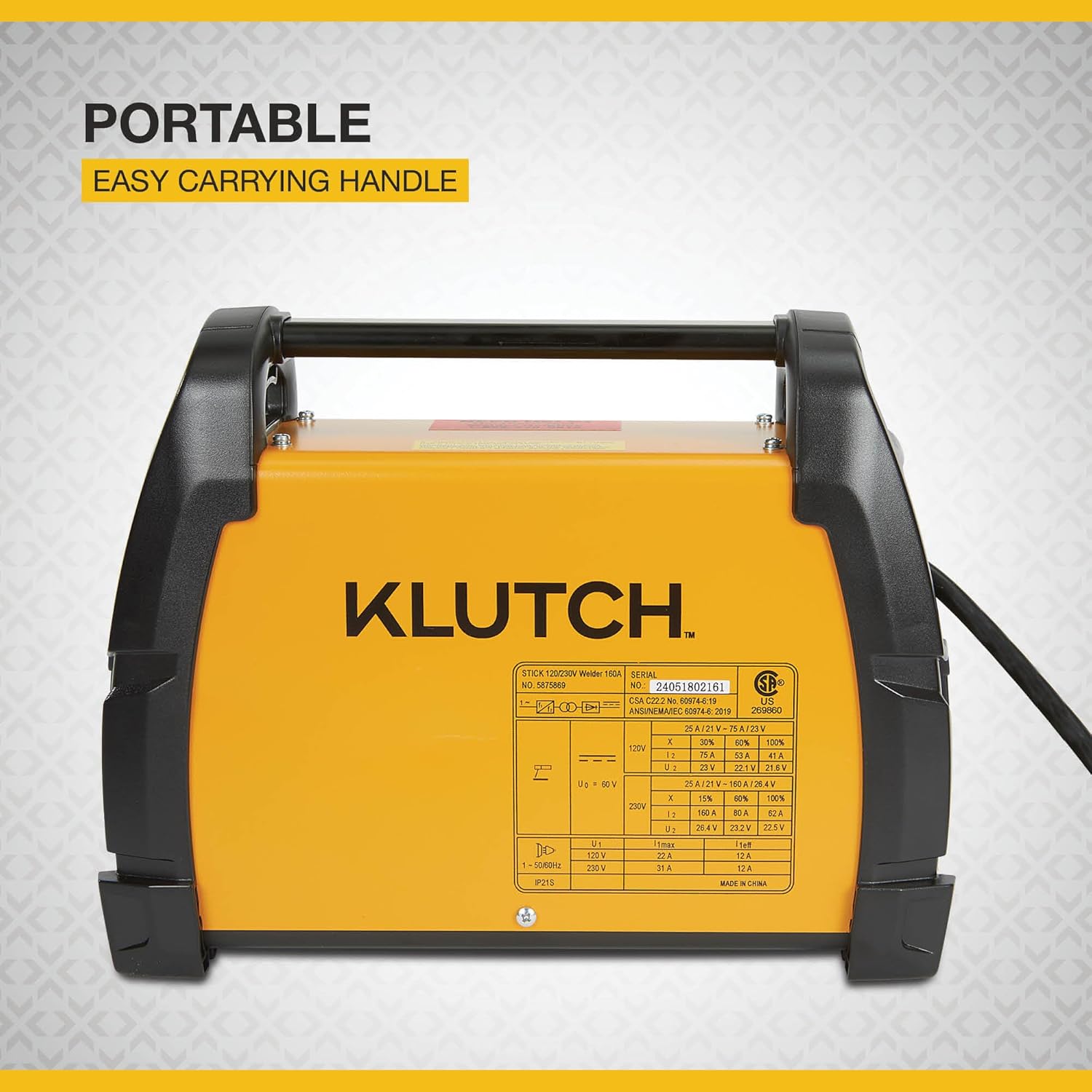Side view of Klutch welder highlighting inverter technology.