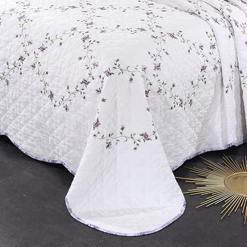 Miniatura 5 de vctops Elegante juego de colcha bordada floral de 3 piezas, tamaño Queen, 100% algodón, reversible, retazos, 1 edredón y 2 fundas de almohada