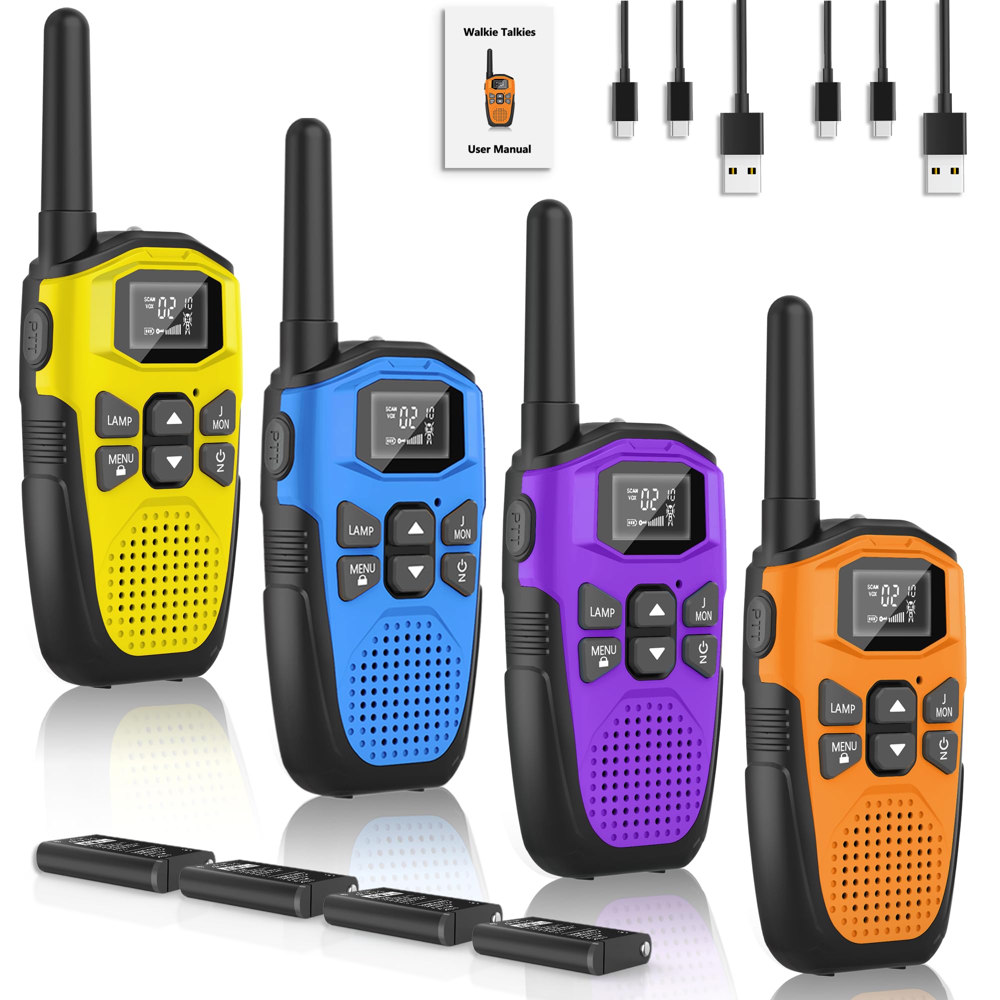 Walkie Talkie dla dorosłych o dużym zasięgu, 4 sztuki, NXGKET Akumulatorowe Walkie Talkie dla dzieci z wbudowaną baterią litowo-jonową, 16-kanałowe radio z kablem ładującym typu C, na kemping