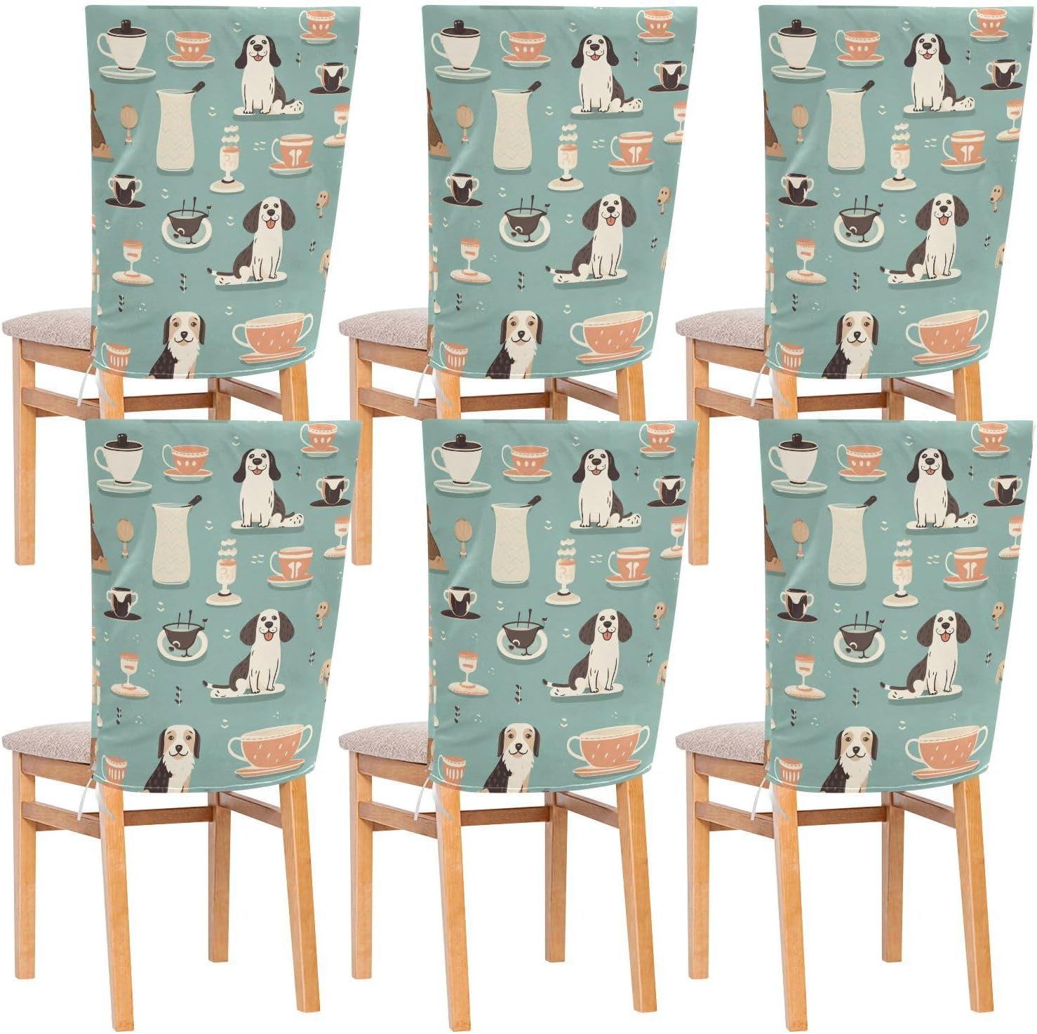 ALAZA Coffee Cups and Dogs Chair Back Cover Set of 6, Washable Reusable Removable Chair Slipcovers Decorative Chair Cover for Home Kitchen Wedding Party