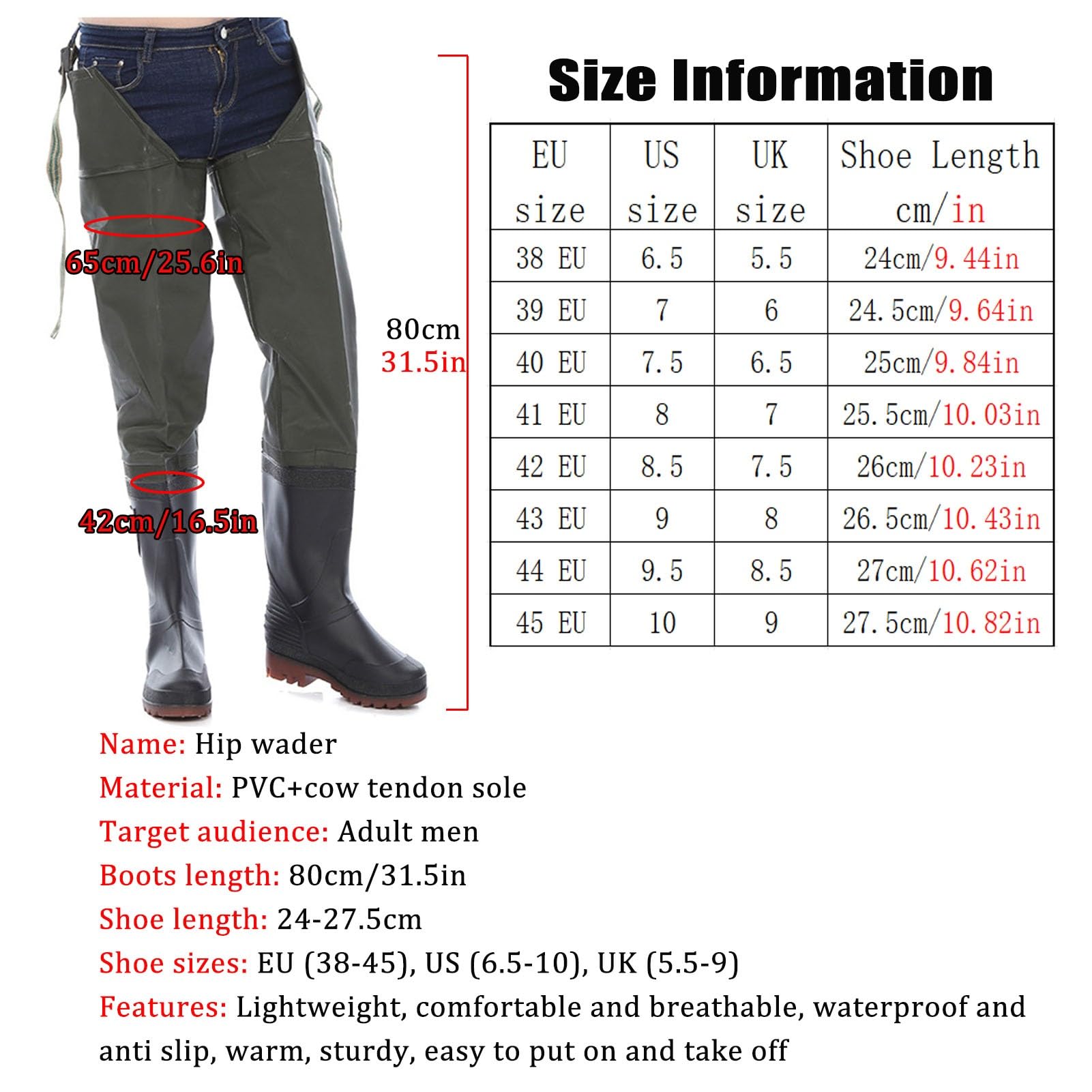 Waders Cuissardes Imperméables pour Hommes Et Femmes, Bottes De Pêche Et De Chasse De 80 Cm De Haut, Bottes De Cuissardes Antidérapantes Et Robustes