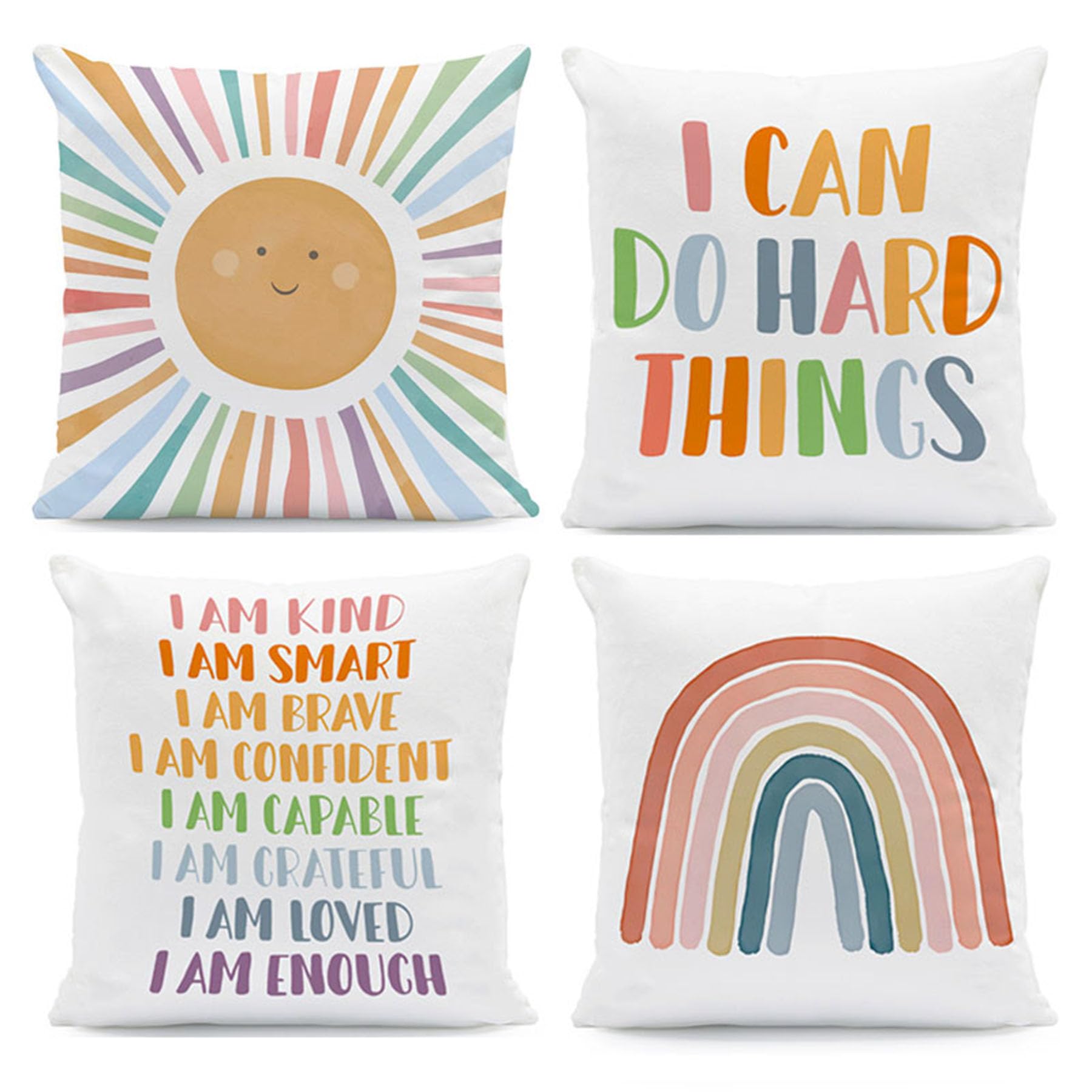 Wasise Reading Corner Cushions - 4PCS Rainbow Reading Pillow Covers Set, Rainbow Cushions, Funky Cushion with Motivational Designs,Boho Cushion Cover for Bedroom(Inserts Not Included)
