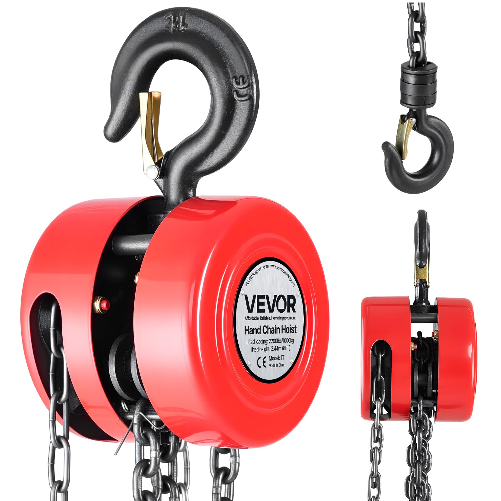 VEVOR Palan Manuel à Chaîne, Capacité Charge 1 T, Hauteur de Levage 2,44 m, avec Crochet Robuste, Chaîne G70, Frein Sécurité Mécanique, Levage de Marchandise pour Garages, Chantiers, Entrepôts, Rouge