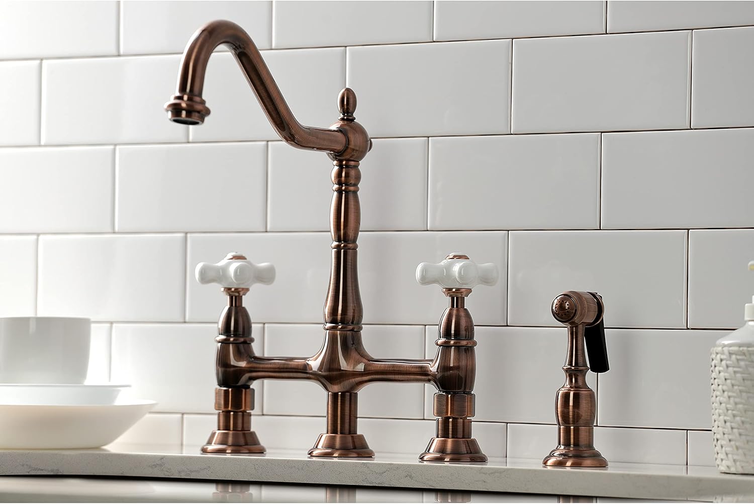 Kingston Brass KS127PXBSAC Heritage Bridge Kitchen Faucet with Brass Sprayer, Antique Copper