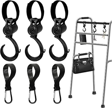 6Pcs Hooks for Walker Rollator Wheelchair Stroller Basket Ttray Accessories for Seniors Basket Clips 2 Design 360Rotation Hooks and Closed Hooks Bag Hanger Gift for Elderly