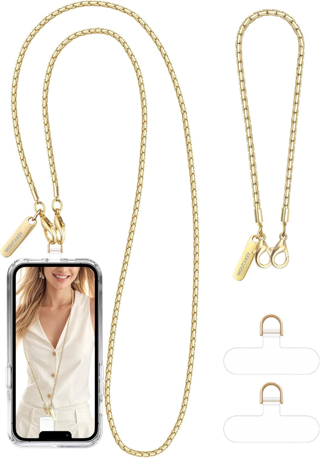 MOUTAKEY Metal Cell Phone Chain Set Detachable iPhone Chain Strap Fits All Phones Crossbody Phone Lanyard*1 Phone Wrist Strap*1 with 2 Tether Tabs iPhone Wristlet For Women Travel Shopping Camping