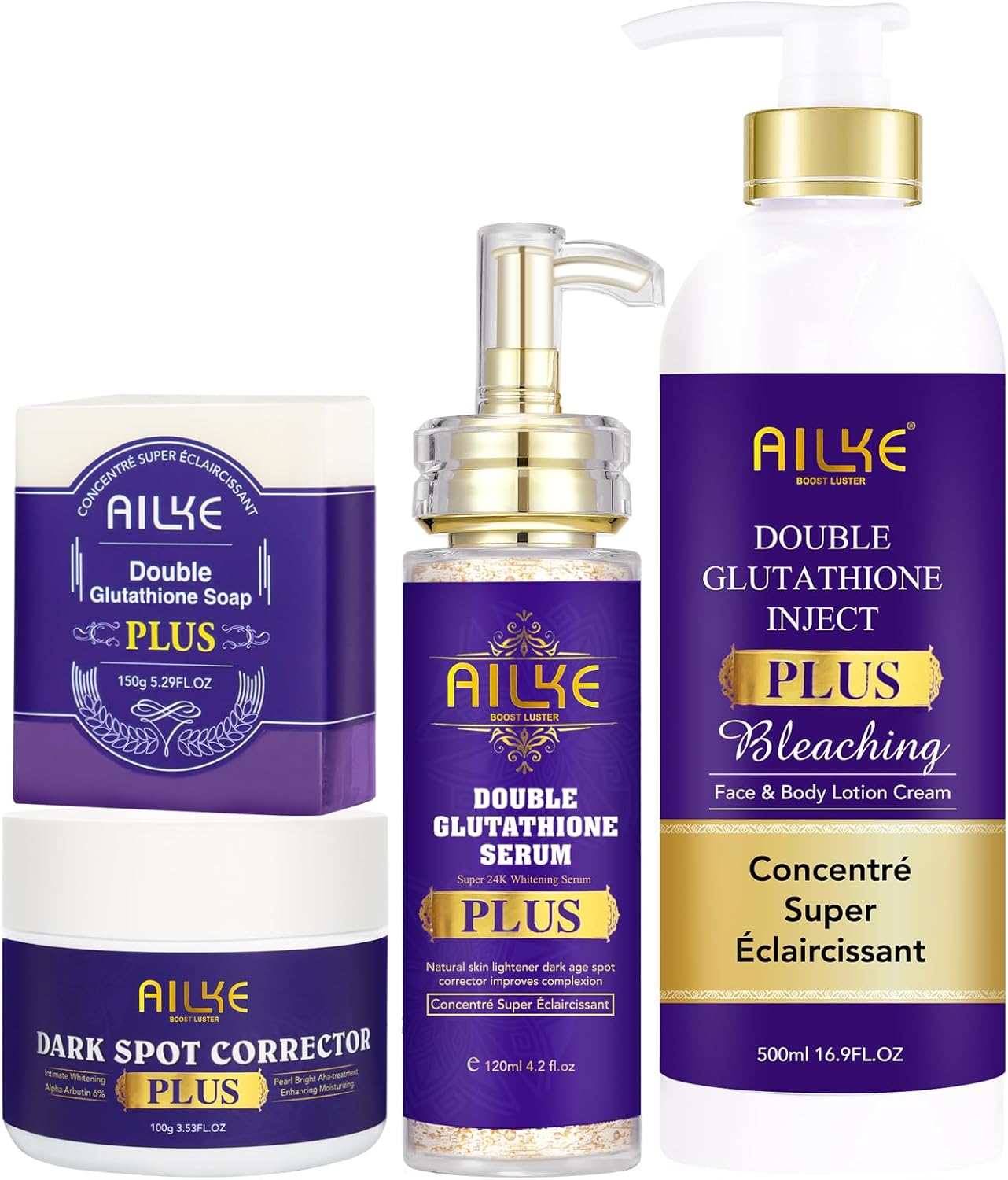 AILKE Whitening 4 In 1 Set, With Double Glutathione, Reduce Dark Spots, Freckle, Moisturizing, Even Skin Tone, Skin Brightening Kit For Women and Men