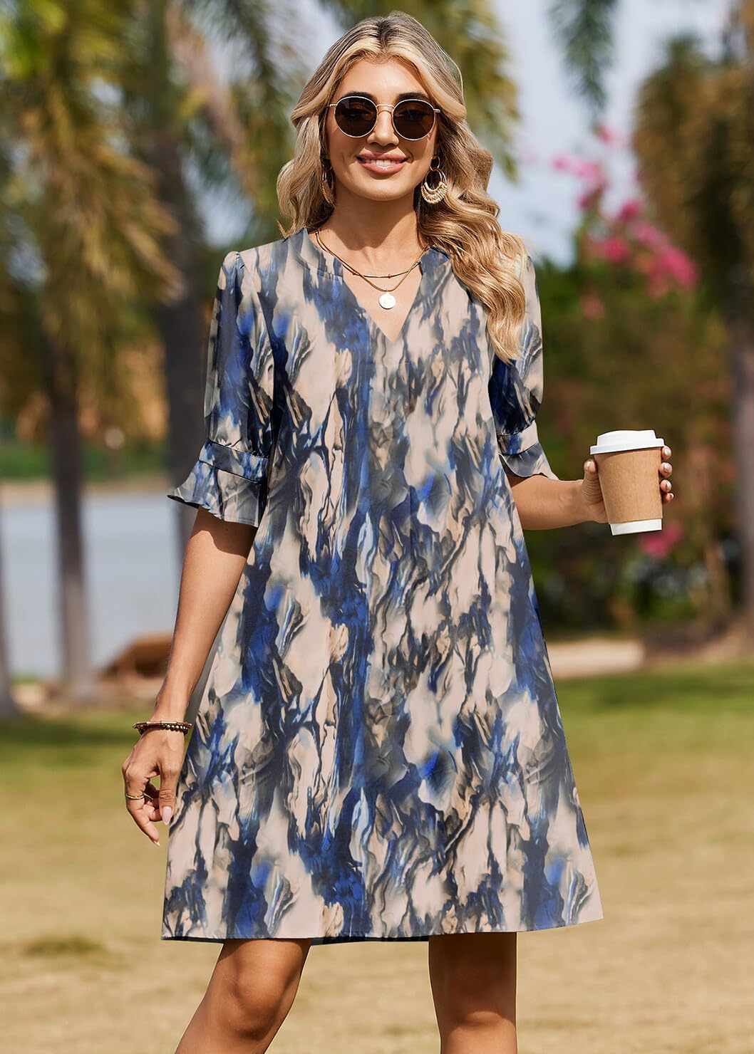 Zeagoo Summer Dresses for Women 2026 V Neck Ruffle Sleeve Casual Shift Dress Hawaiian Sundress Beach Vacation Clothes