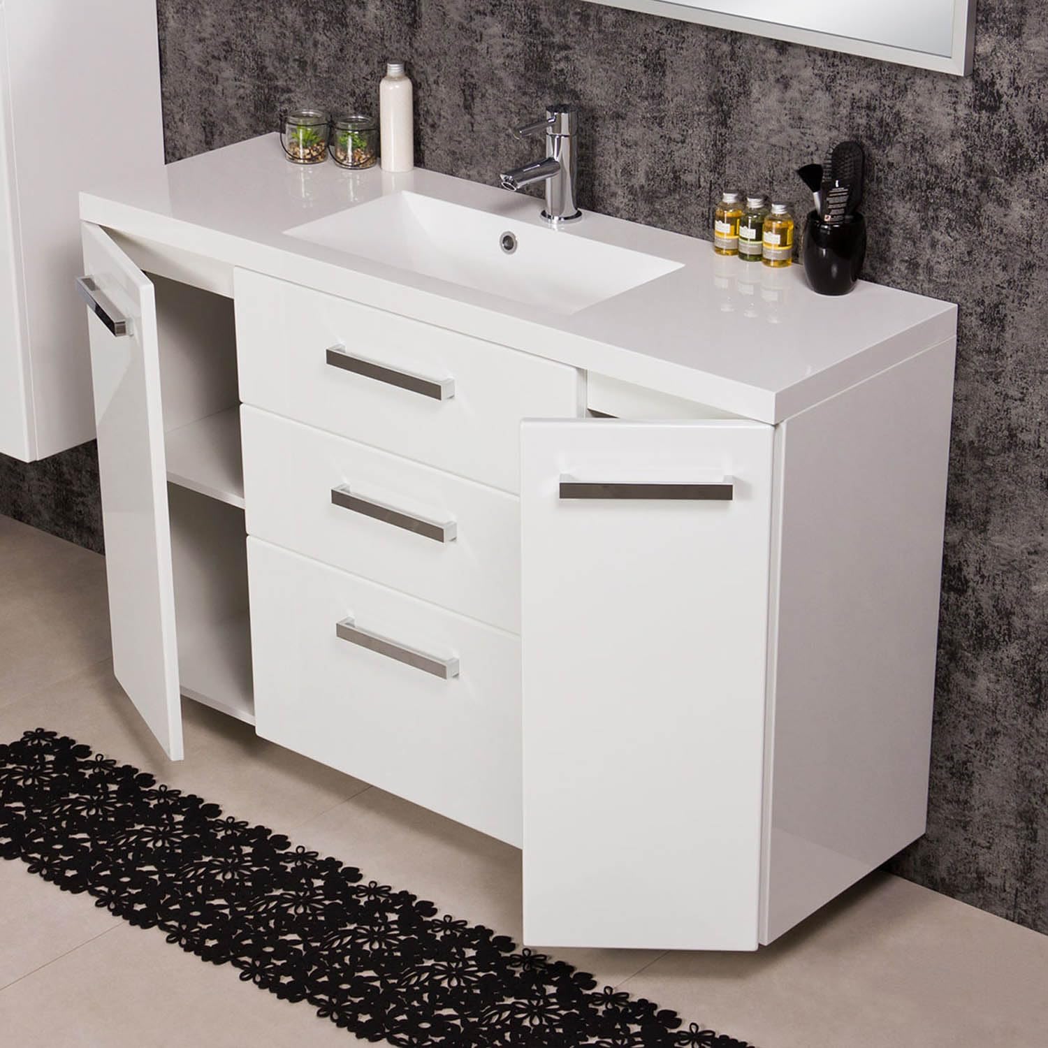 Quentis Badmöbelset Genua Breite 120 cm, weiß Hochglanz, Waschbecken mit Unterschrank, 3 Softclose-Schubladen, 2 Türen, Waschbeckenunterschrank montiert
