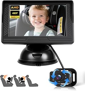 VECHTEL Baby-Autokamera HD,4,3'' Monitor mit Rücksitzkamera,Zigarettenanzünder-Stecker,um 360° drehbarer Sicherheits-Autositzspiegelkamera für nach hinten gerichtete Babysitze