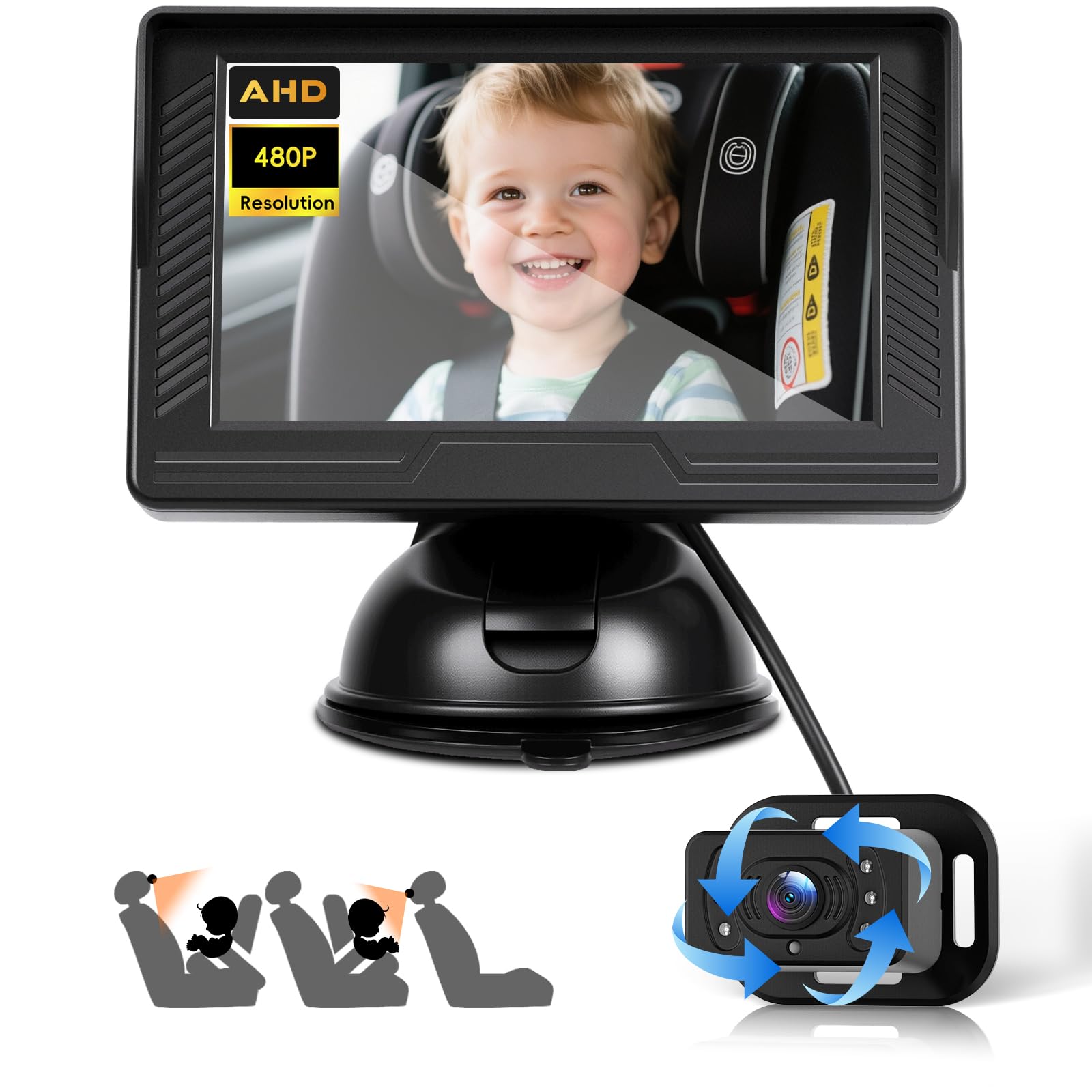 VECHTEL Telecamera di sorveglianza per bambini HD,schermo da 4,3 pollici con telecamera per sedile posteriore, presa accendisigari, specchio di sicurezza girevole a 360° per seggiolini per bambini