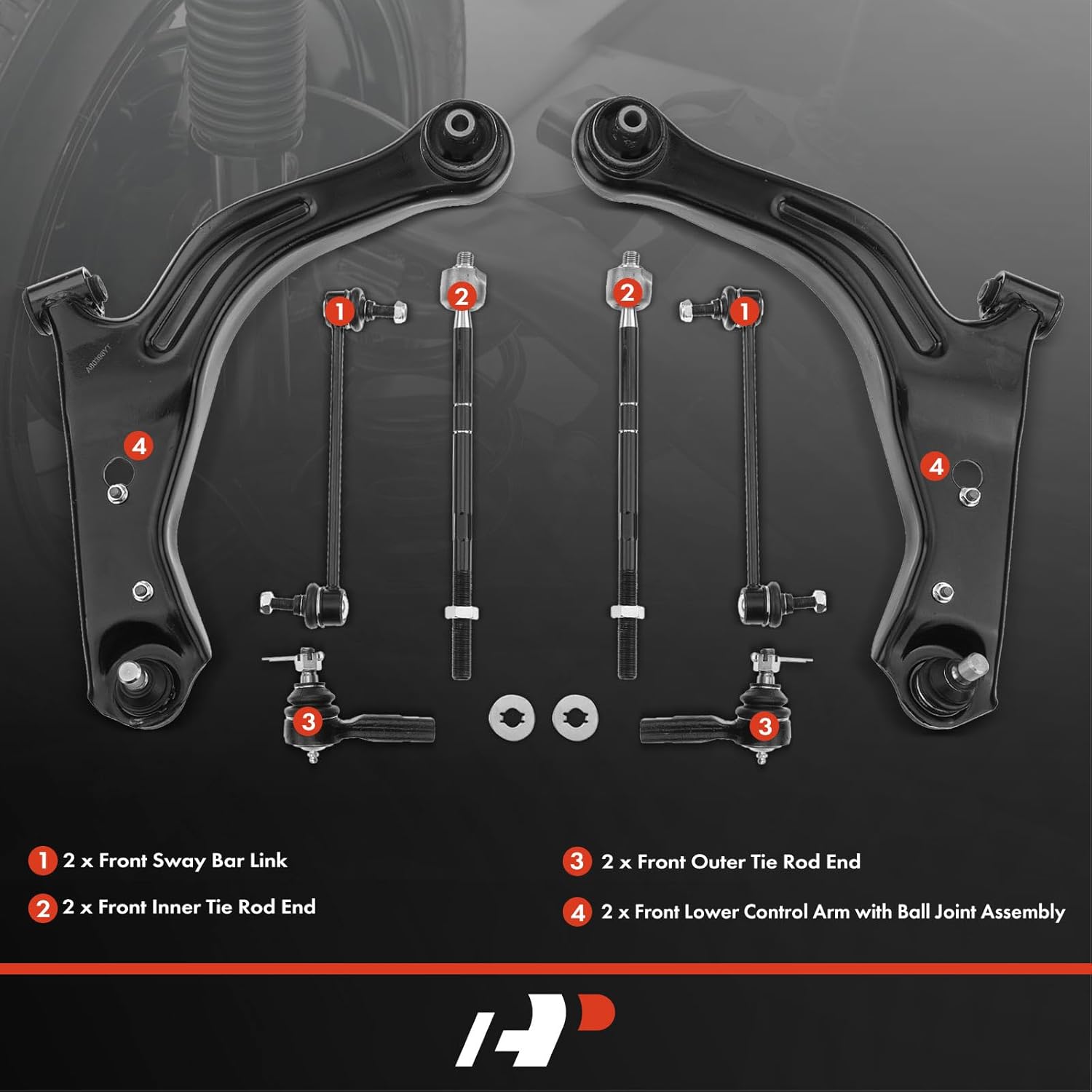 A-Premium Set of 8, Front Lower Control Arm, Sway Bar Link, Inner & Outer Tie Rod End, Compatible with Ford Escape 2001-2004, Mazda Tribute 2001-2004