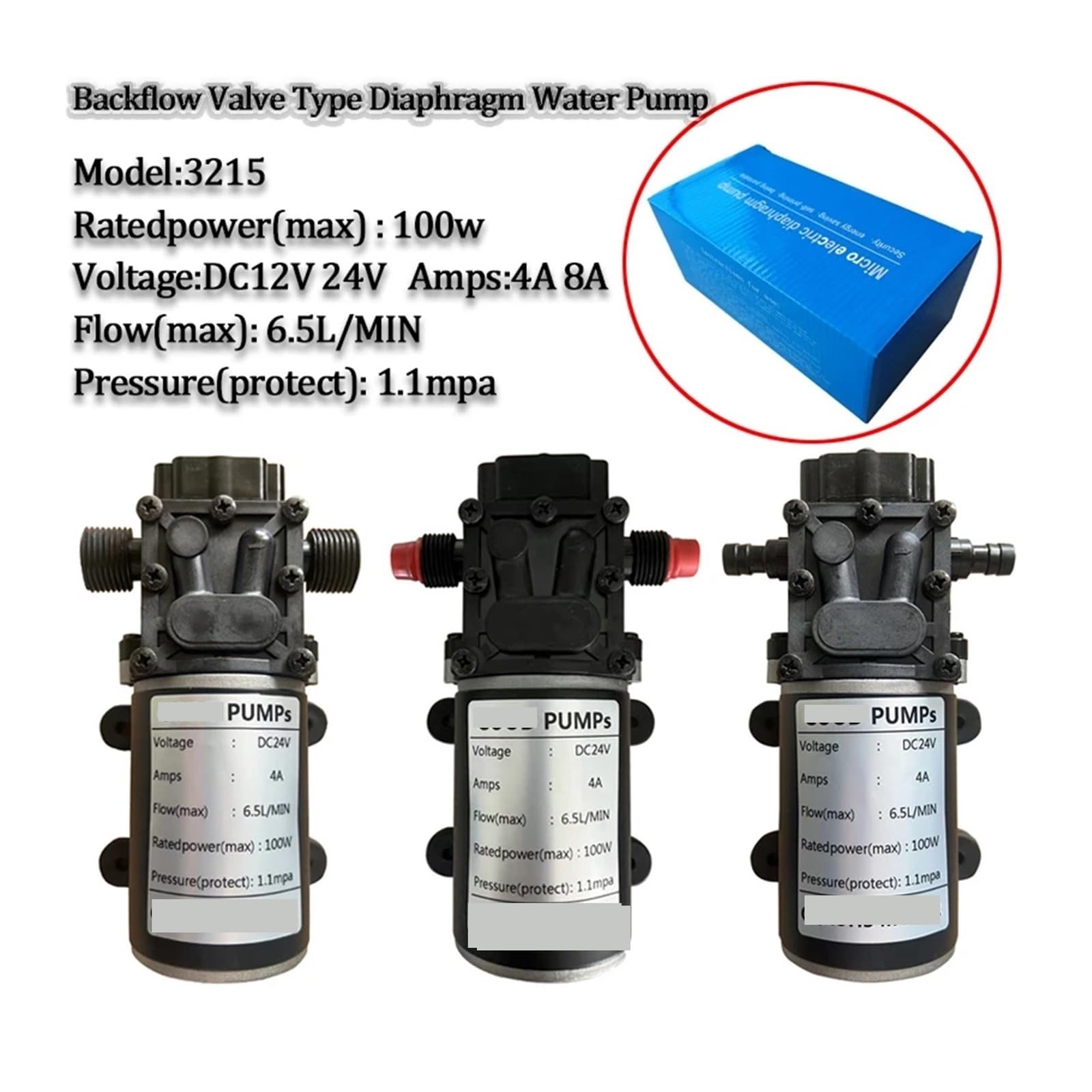 Pompa membranowa, 3215H Pompa wodna z zaworem zwrotnym, membraną, DC12V, 24V, 100W, 6,5 l/min, silnik metalowy, pompa zwrotną, dezynfekcja natryskowa(DC24V-100W-20mm)