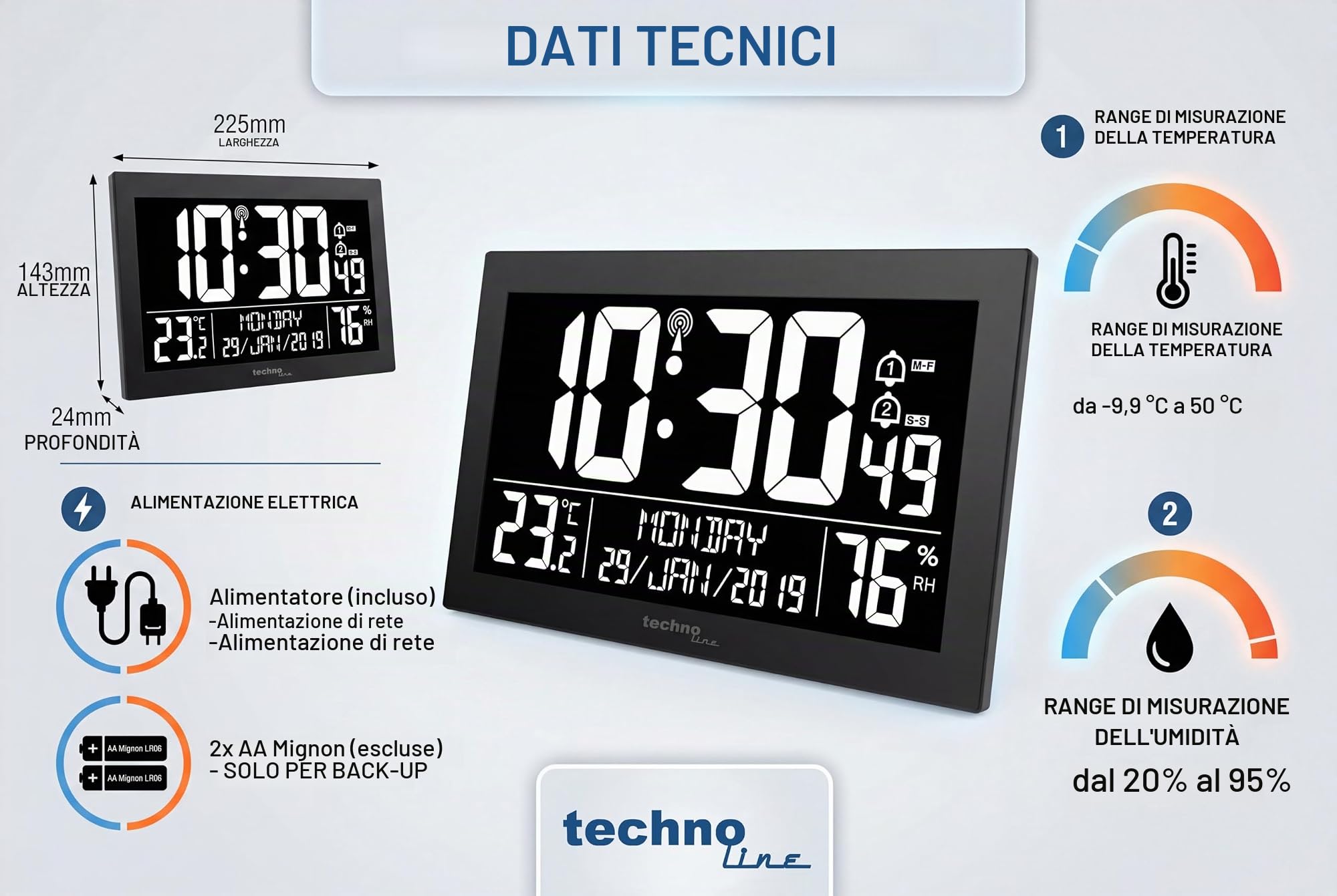 Technoline WS 8017 - Orologio da parete radiocontrollato da tavolo, con temperatura, febbre dell'aria, data, giorno, 2 allarmi