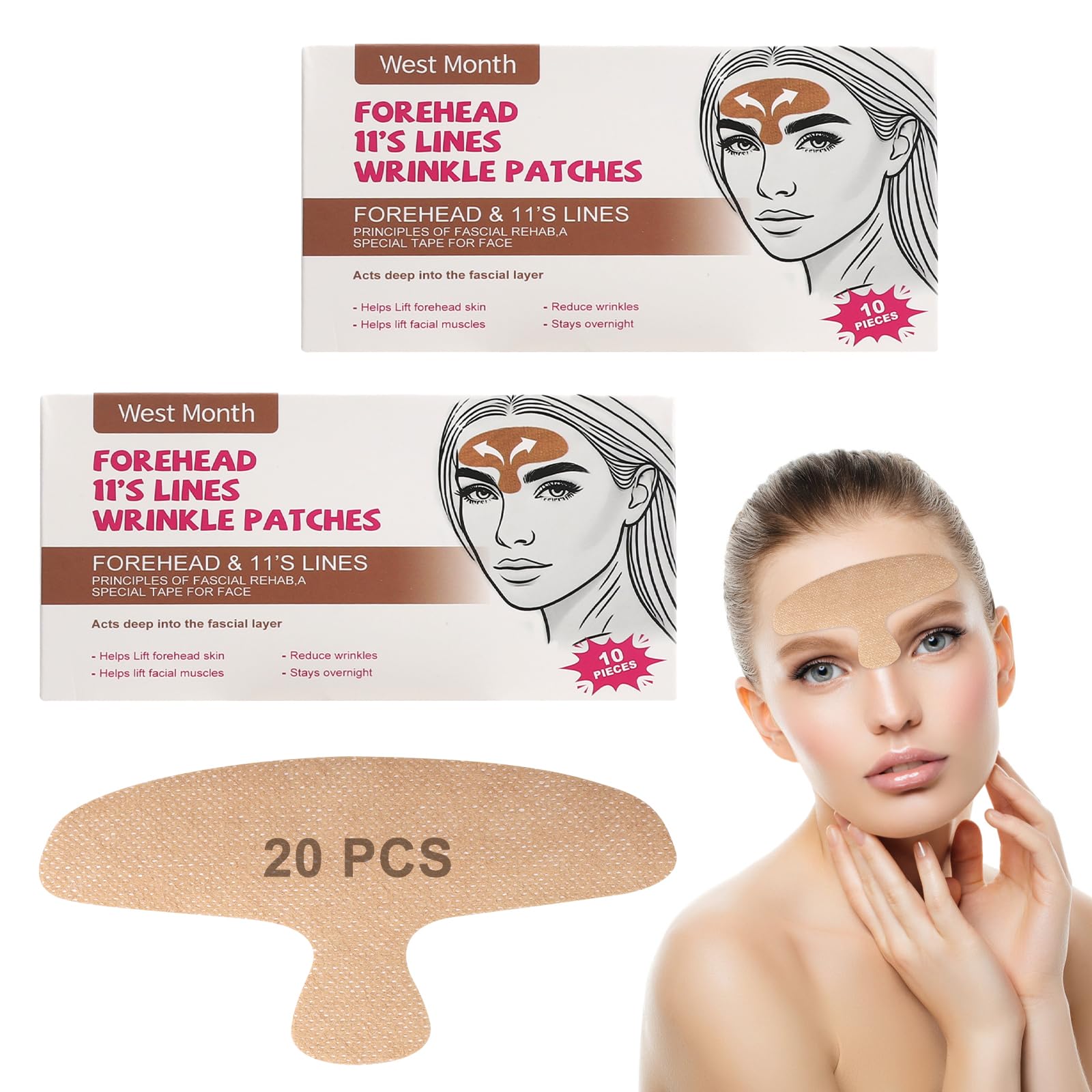 Plastry na zmarszczki gniewu 20 sztuk, Forehead Wrinkle Patch z silikonu z kwasem hialuronowym i kolagenem, plastry przeciwzmarszczkowe do twarzy do wygładzania zmarszczek gniewu, taśma do twarzy
