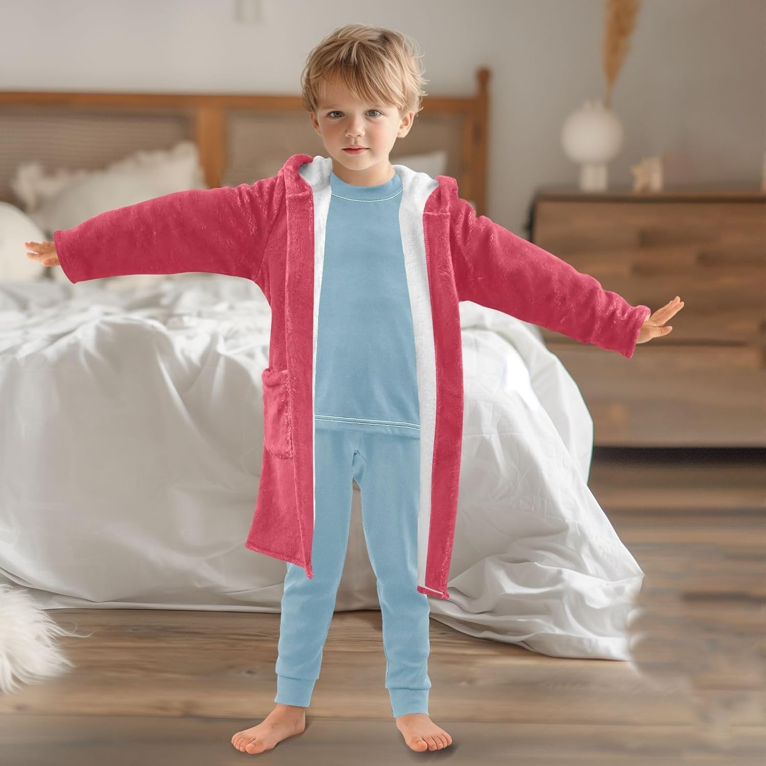 ODAWA Cardinal Red Kids Bathrobe, Soft Plush Children's Hooded Towel Robe, Beach Swimming Bath Wrap for Boys Girls