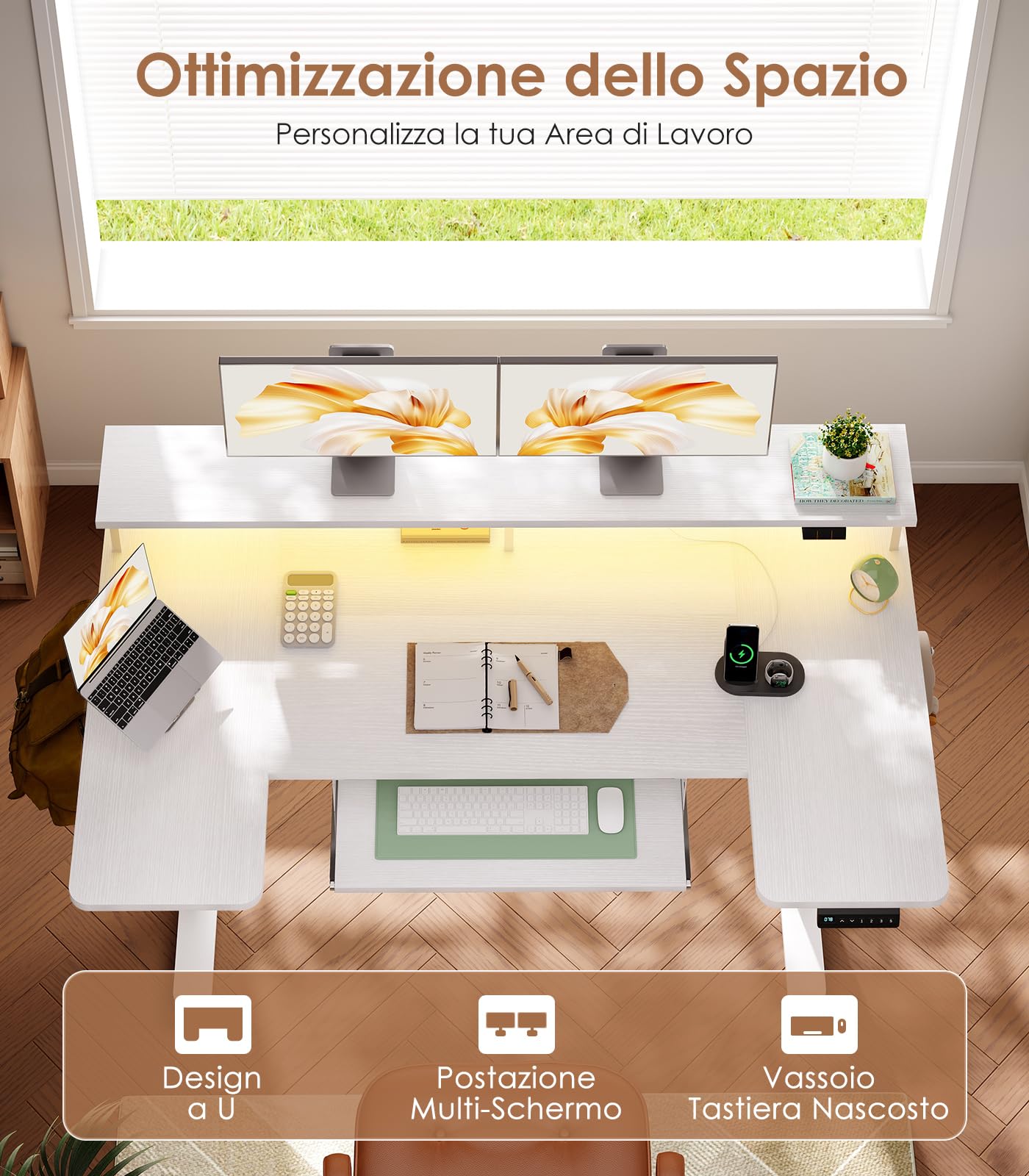 OffiGo Scrivania Elettrica con Supporto Monitor 140×74 cm, Bianco | Piano forma a U, USB e prese integrati, Scrivania motorizzata con 4 memorie, Scrivania regolabile per home office
