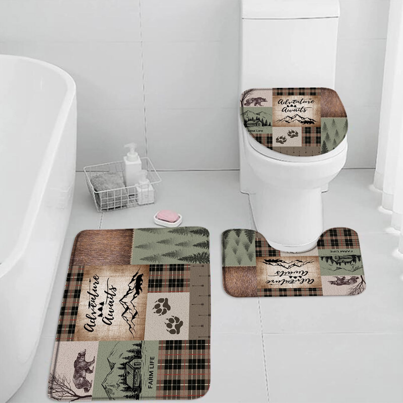 QWRSMYX 3 Pieces Set Bear Deer Plaid Bath Mat Rustic Cabin Brown Buffalo Check Elk Moose Wild Animal Pine Tree Forest Lodge Hunting Wildlife Bathroom Rugs Toilet Lid Cover Pedestal Rug U-Shaped