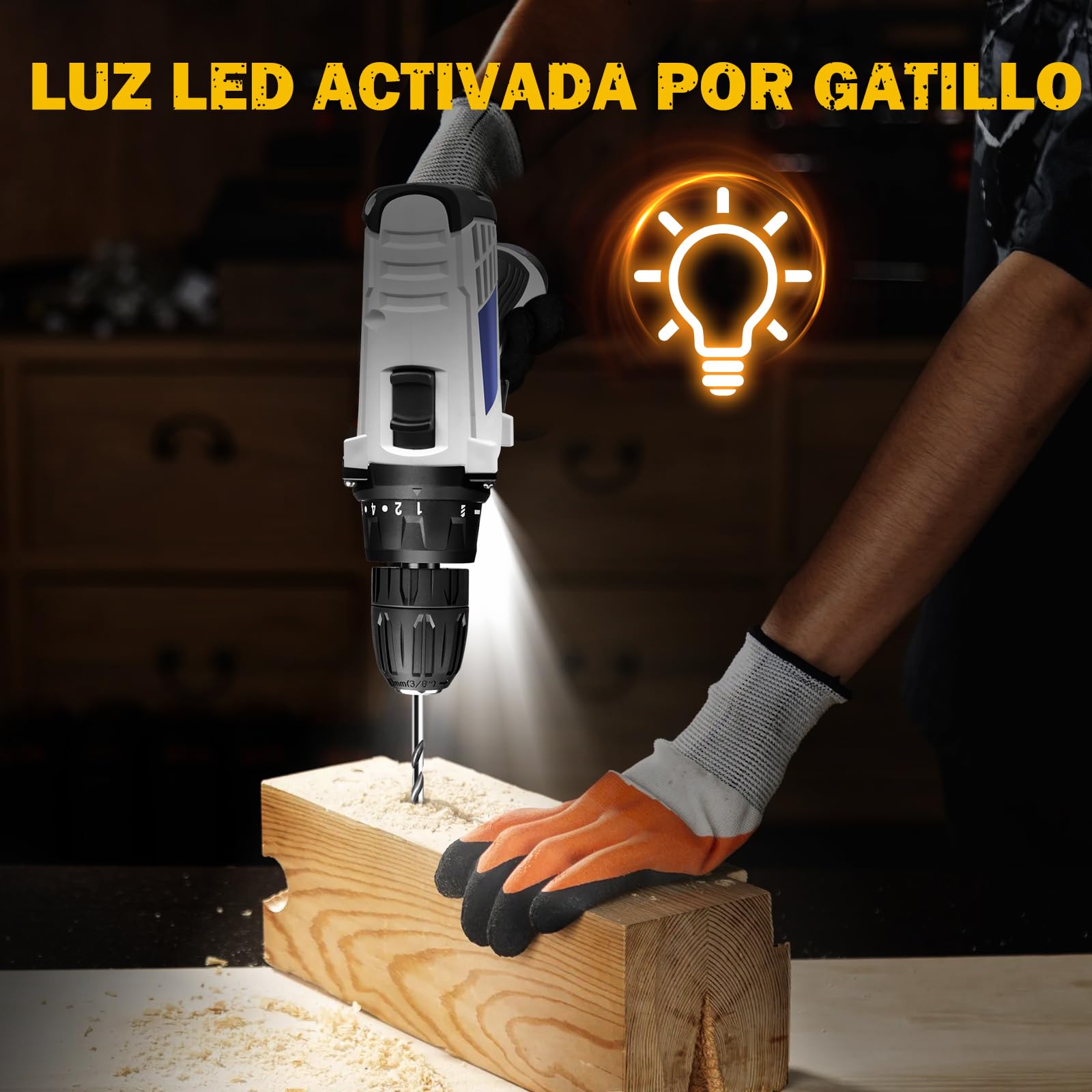 Taladro Inalámbrico 16.8V,Torque Máximo 45 Nm,18+1 Ajustes de Torque,Portabrocas sin Llave 3/8"y Luz LED,Taladro Inalámbrico para Reparaciones en el Hogar y Proyectos de Bricolaje