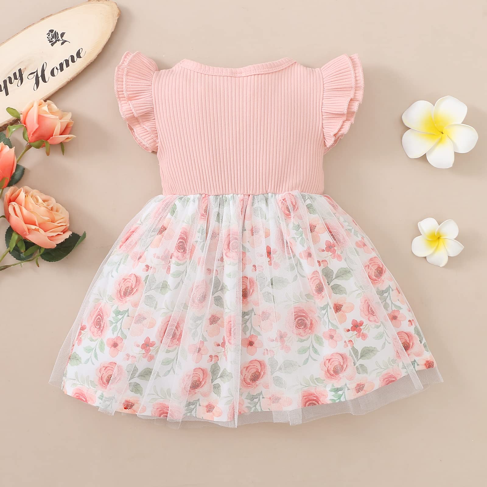 0-5T Toddler Baby Girl Dresses Summer Clothes Princess Dress with Flower Print Lace Skirt Dress Flower Girl Dress (6-12 Months, Pink)