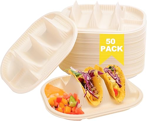 50 platos desechables pequeños para tacos para fiestas, soportes para tacos de almidón de maíz con 2 áreas de inmersión, capacidad para 2 tacos, disponible en Yaxa Peru
