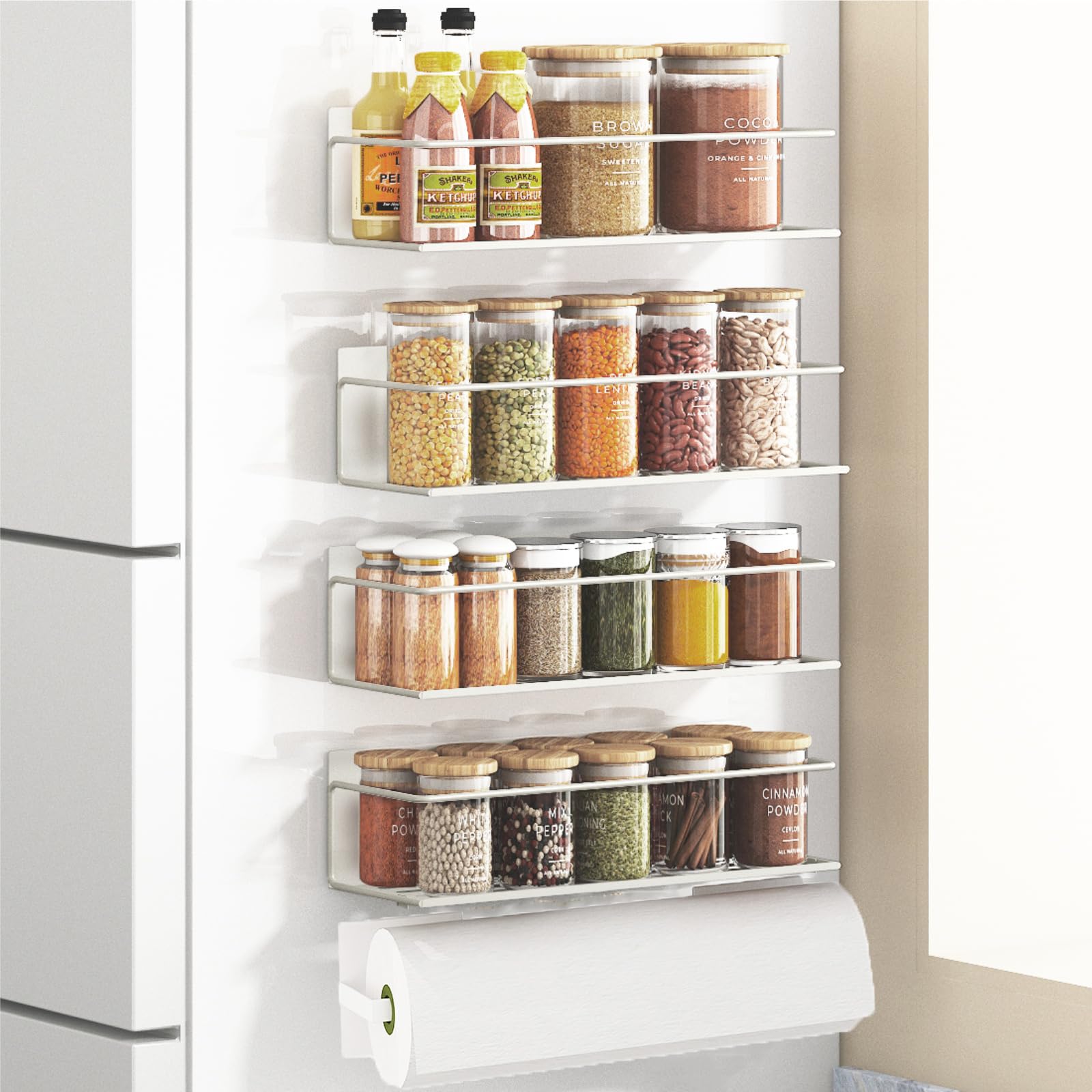 Roysili Magnetic Spice Rack Organizer For Refrigerator Fridge - Space Saving White 2 Pack With Paper Towel Holder