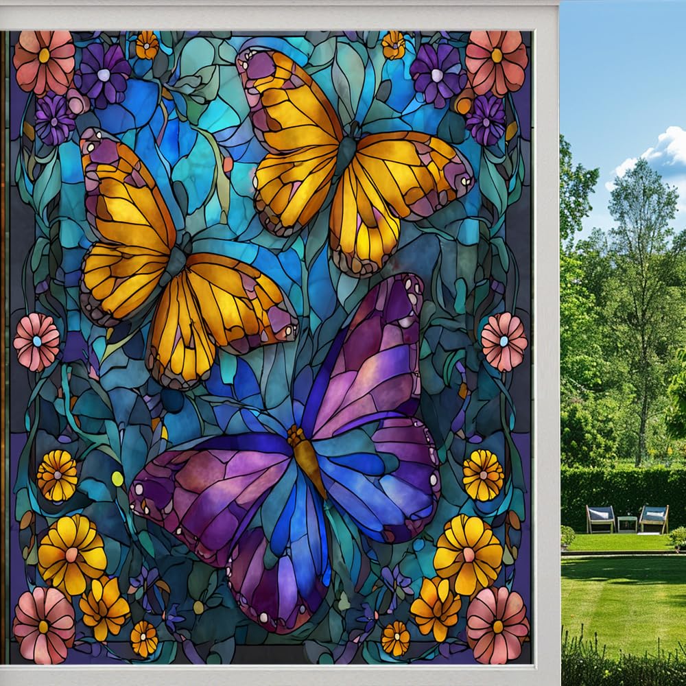 Nature Butterfly Stained Glass Window Film, Abstract Garden View Peel and Stick Privacy Film, Frosted Adhesive Vinyl Decorative for Bathroom Windows Glass Doors, （50x80cm）