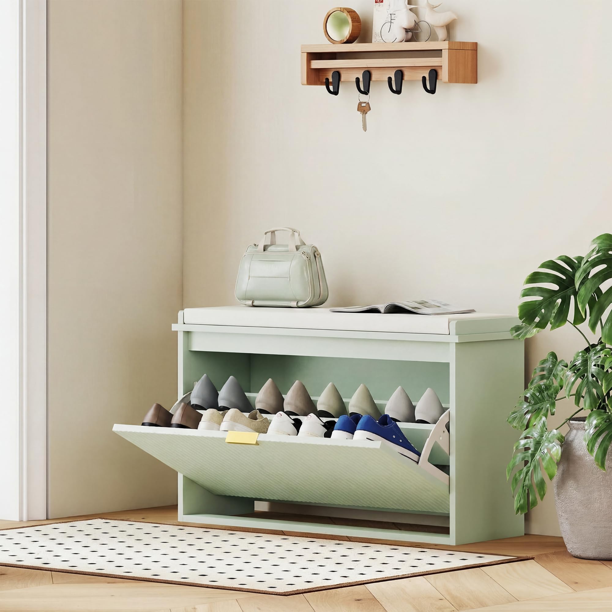 HOMCOM Banco Zapatero Estrecho con Asiento 80x26x47,5cm Verde Claro | Banco Recibidor, Asiento Acolchado, Cajón Abatible, Estante Ajustable, para 8 Pares de Zapatos, para Entrada, Dormitorio