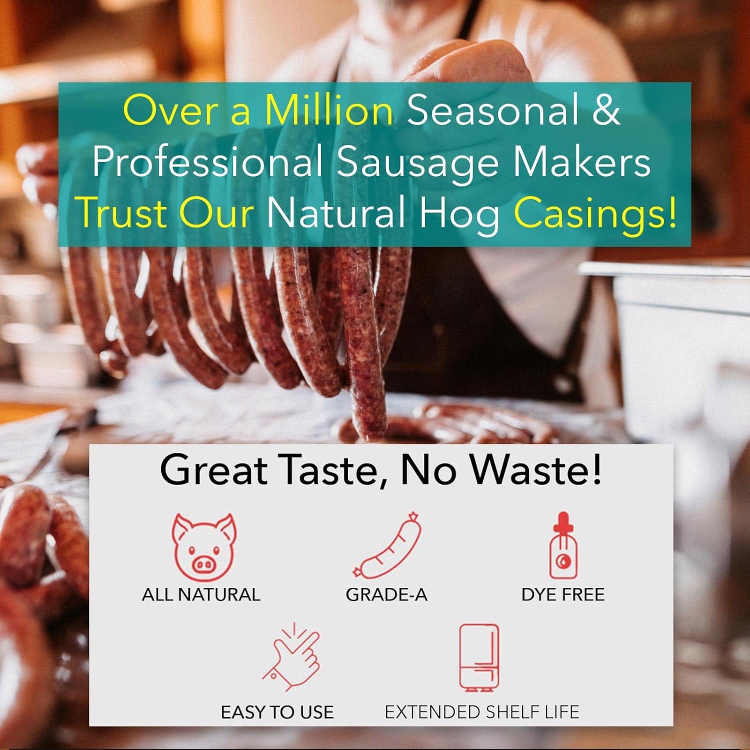 The Sausage Maker® Natural Hog Sausage Casings 29 To 32 MM 90 Yards Whole Hank, Stuffs Over 70lb Meat, North American Edible Pork Link Casing, Italian, Country Breakfast, Bratwurst, 1 1/8"-1 1/4" Dia