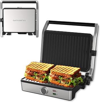 Multi-Use Electric Panini Press Contact Sandwich Griddle Grill | Adjustable Temperature,180 degree open, For Grilling Sandwiches, Burgers and Steaks, Non-Stick Coated, Easy cleaning