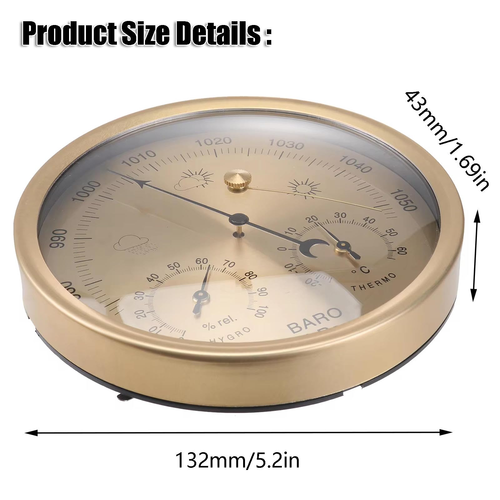 Barometr, barometr wewnętrzny, barometr, higrometr, 3 w 1, analogowa stacja pogodowa, barometr wybierania 132 mm, barometr pogodowy, do domu, wewnątrz, biura, dekoracja ścienna (złoty)