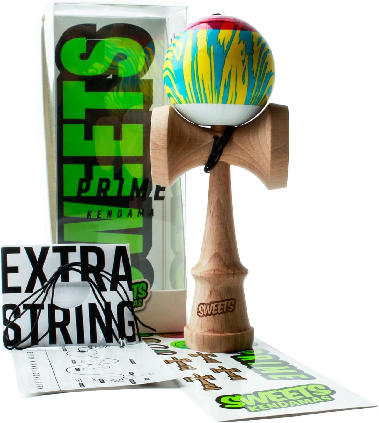 Sweets Kendamas Grain Split 2.0 Prime Kendama, Premium Skill Toy, Extra String Accessory Bundle… (CMYK)