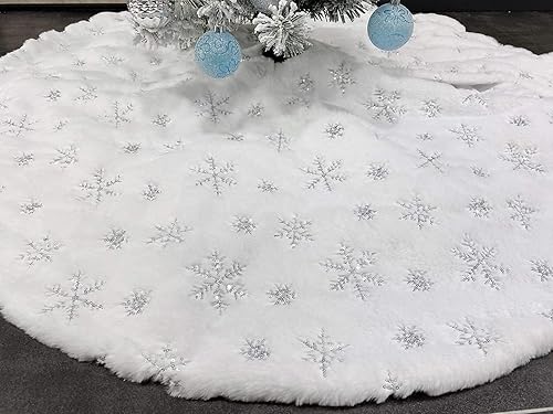 Miniatura 5 de Falda de árbol de Navidad blanca de 3 pies  para árbol de Navidad, copos de nieve, lentejuelas y lentejuelas de 5 pies, 6 pies, 7 pies