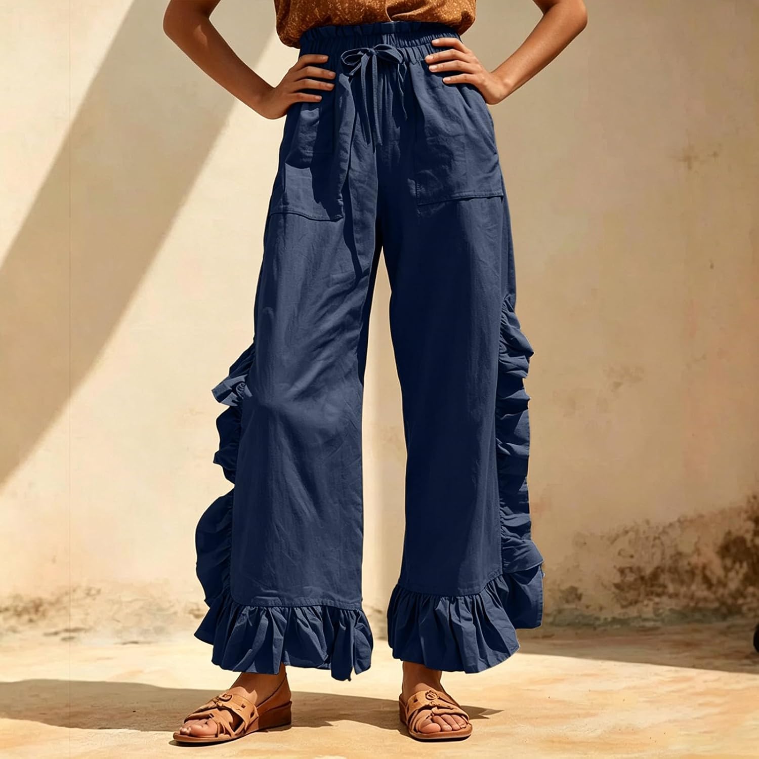 Womens Ruffle Trim Wide Leg Pants Drawstring Elastic Waist Loose Fit Trousers Bohemian Vacation Beach Palazzo Pants