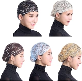 Huliyhus 5 Pcs Womens Muslim Inner Hijab Caps Under Scarf Hat Cap Shiny Lace Head Cover Stretch Beanie Turban Hat Chemo Caps (Set 3)