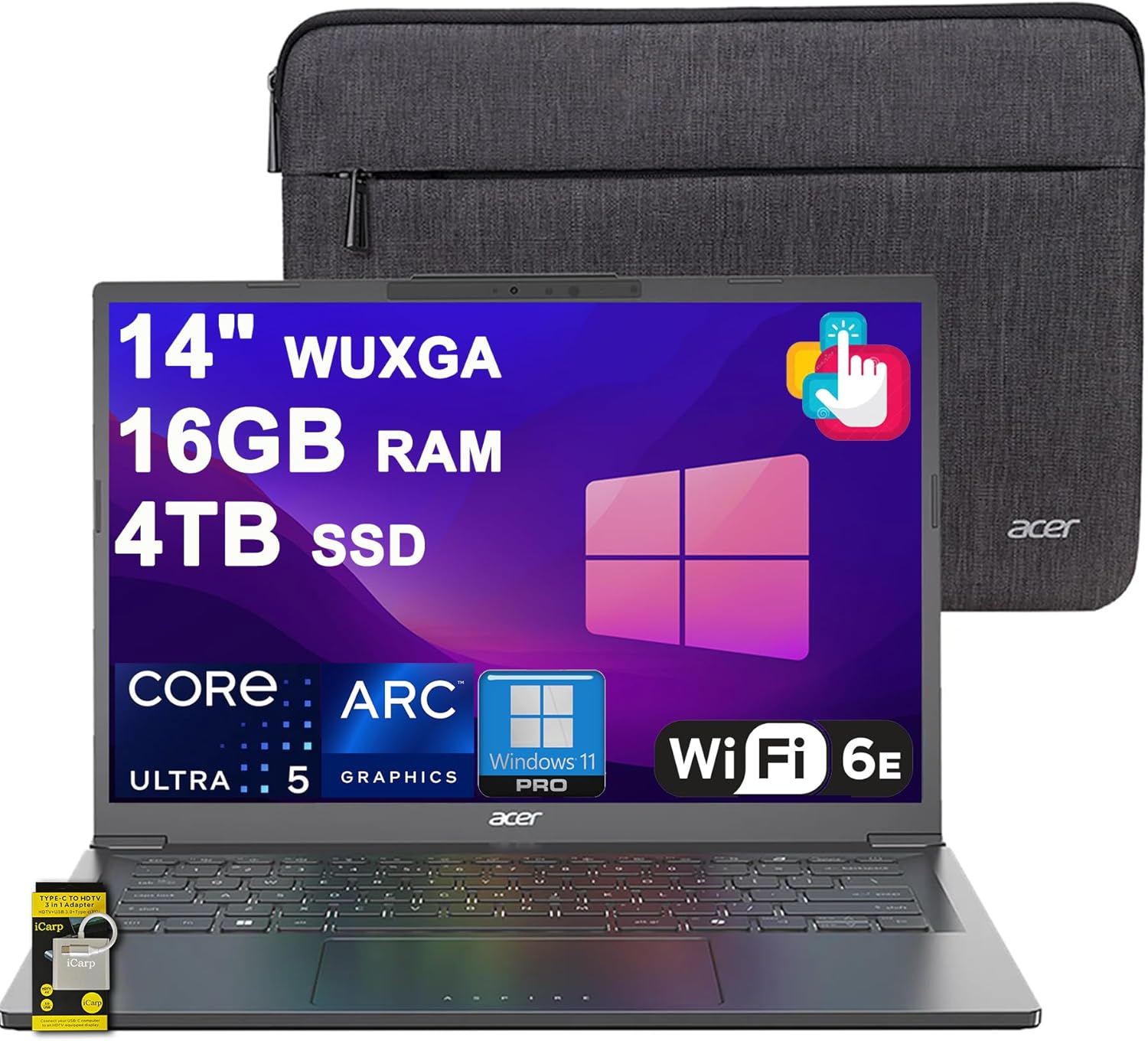 acer Aspire 14 AI Portable Laptop 14" WUXGA Matte Touch Intel 8-core Ultra 5 226V (Up to 40 NPU Tops - Up to 53 GPU Tops) 16GB RAM 4TB SSD for Creator Business Work Win11Pro ICP Hub/Copilot+ AI PC