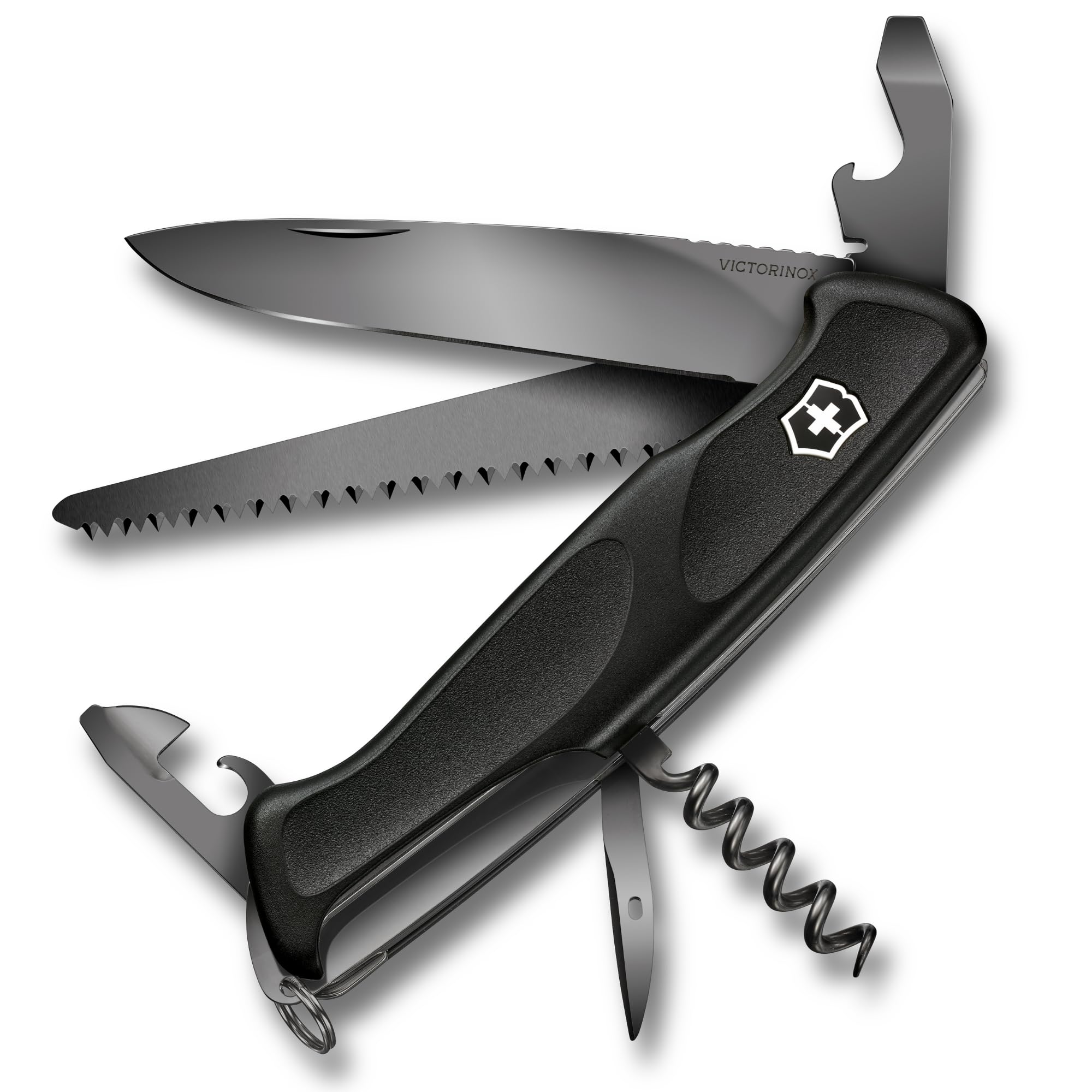 Victorinox Taschenmesser Ranger Grip 55 Onyx Black (12 Funktionen, Festellklinge, Holzsäge), schwarz, 130mm