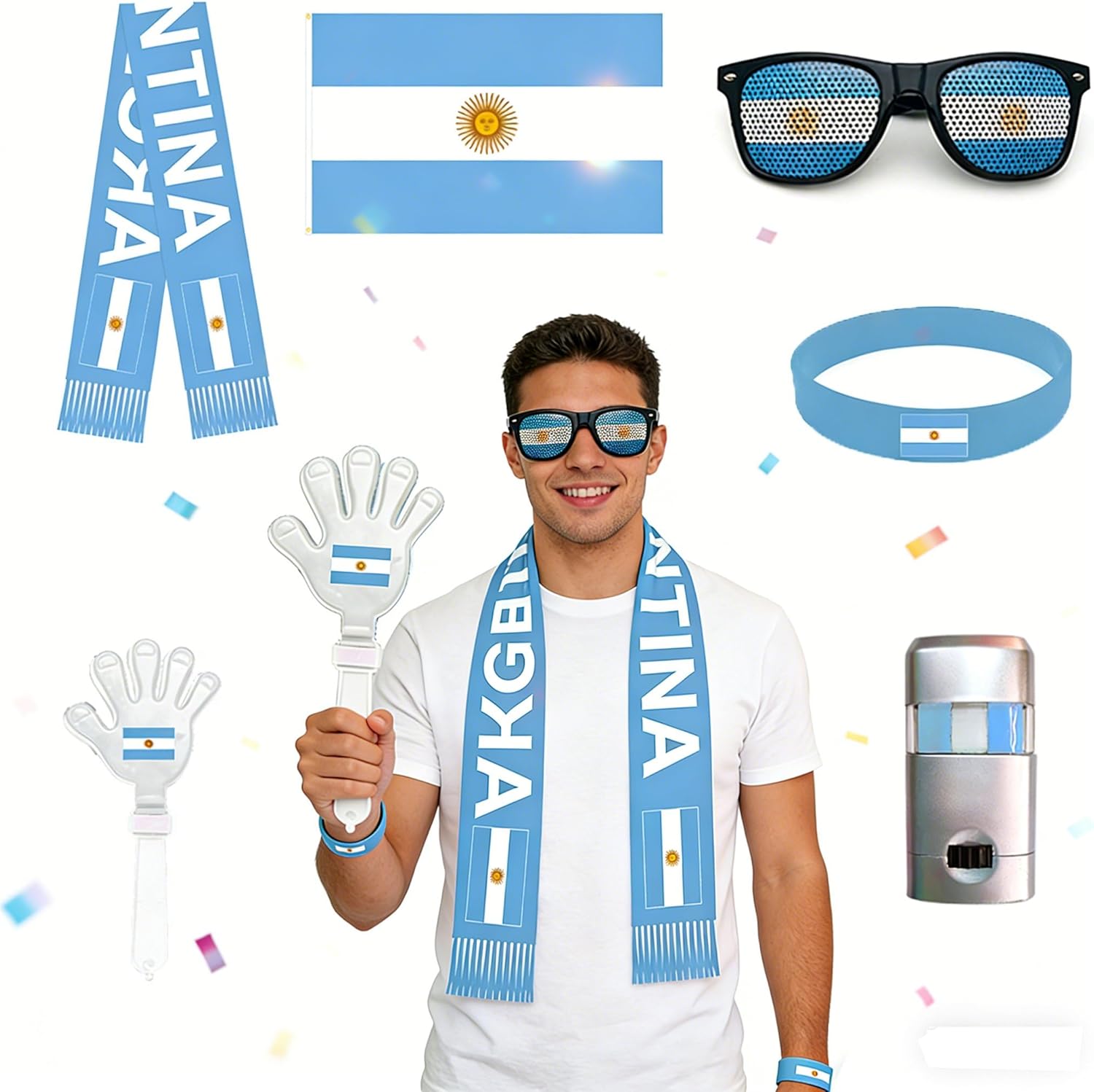 FRoon Argentina Team Fan Set, Football Match Support Set, 6-piece Set Including Flag/glasses/cheersticks/face Painting/scarf/wristband, Blue And White Cheering Equipment